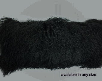 Real Genuine Black Mongolian tibetan Lamb fur Pillow new   authentic tibet fur cushion insert included