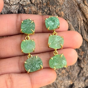 Green Aventurine, Dyed Ruby Gold Plated Earring Connectors: Rouse Quartz Rough Gemstone Jewelry Pair