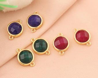 Dyed Ruby Emerald Sapphire Round Connector, Gold Plated Double Bail Jewelry Making Finding