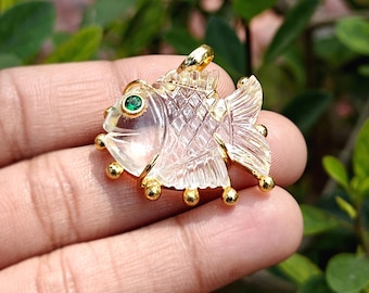 Crystal Quartz Fish Pendant with Emerald CZ Eye Carved Gemstone Necklace Charm Components