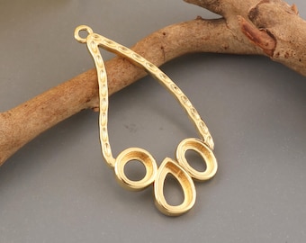 Gold Plated Brass Triple Bezel Pendant Connector Teardrop Round Setting Charm Jewelry Making Supply