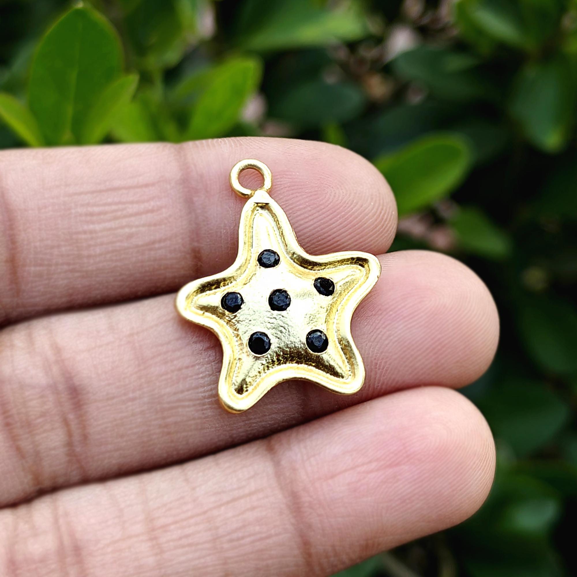 Star Pendant Connector with Black Onyx Gemstone Gold Plated Celestial Charm