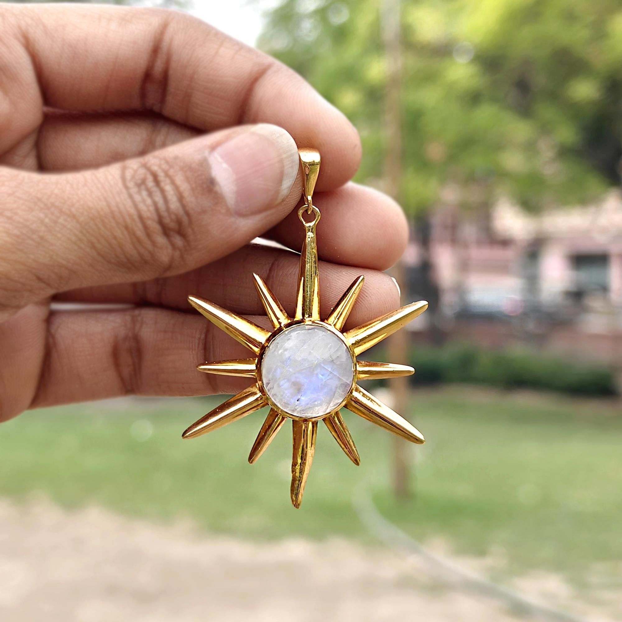 18k Gold Plated Sunburst Pendant Charm Natural Rainbow Moonstone Connector Celestial Jewelry Necklace Making