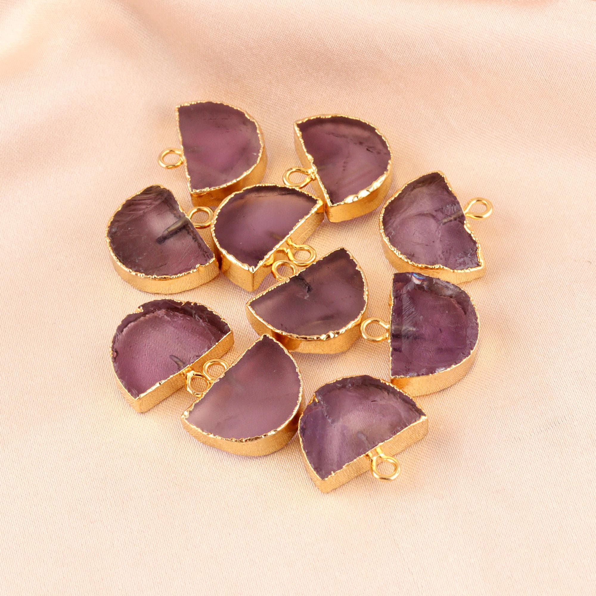 Raw Amethyst, Smoky Quartz Connector Gold Electroplated Single Bail Pendant Charm Jewelry Making Component