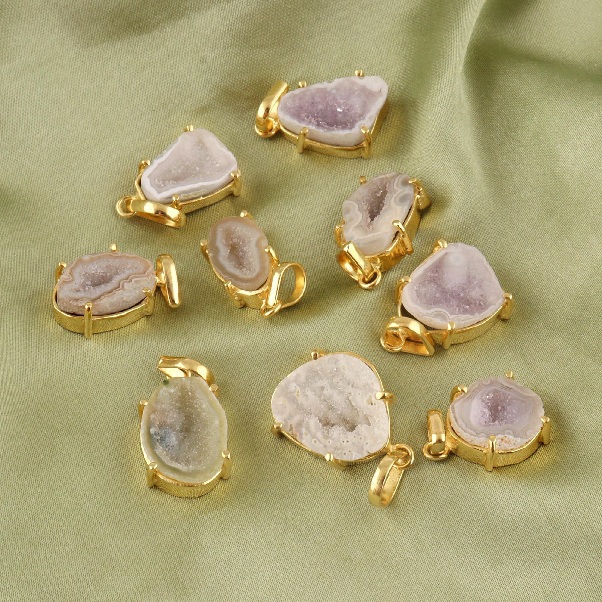 Natural Geode Druzy Pendant Gold Plated Necklace Charm Prong Set Minimalist Connector