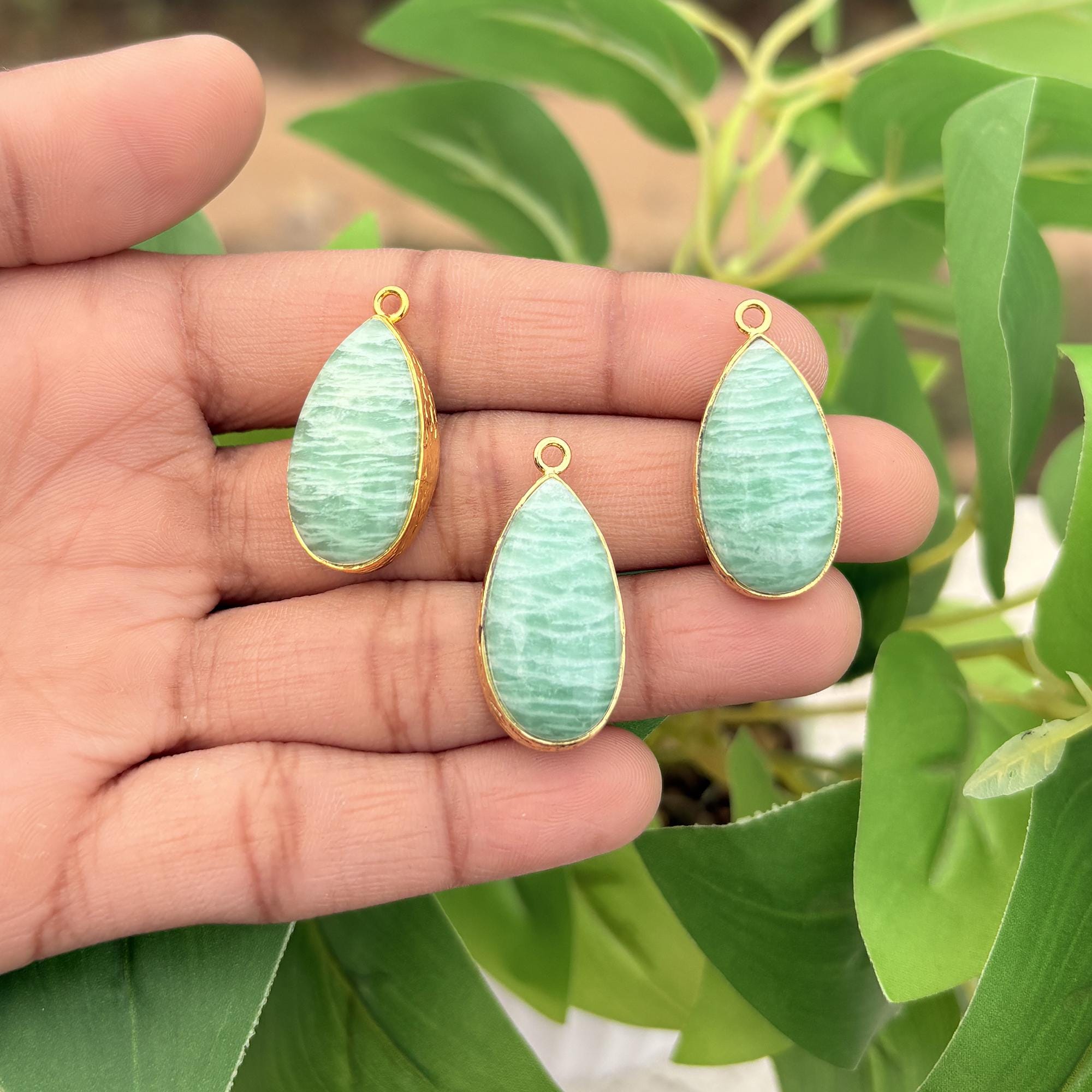 Natural Amazonite With Turquoise DIY Pendant, Handmade Gold Plated Brass Pendant