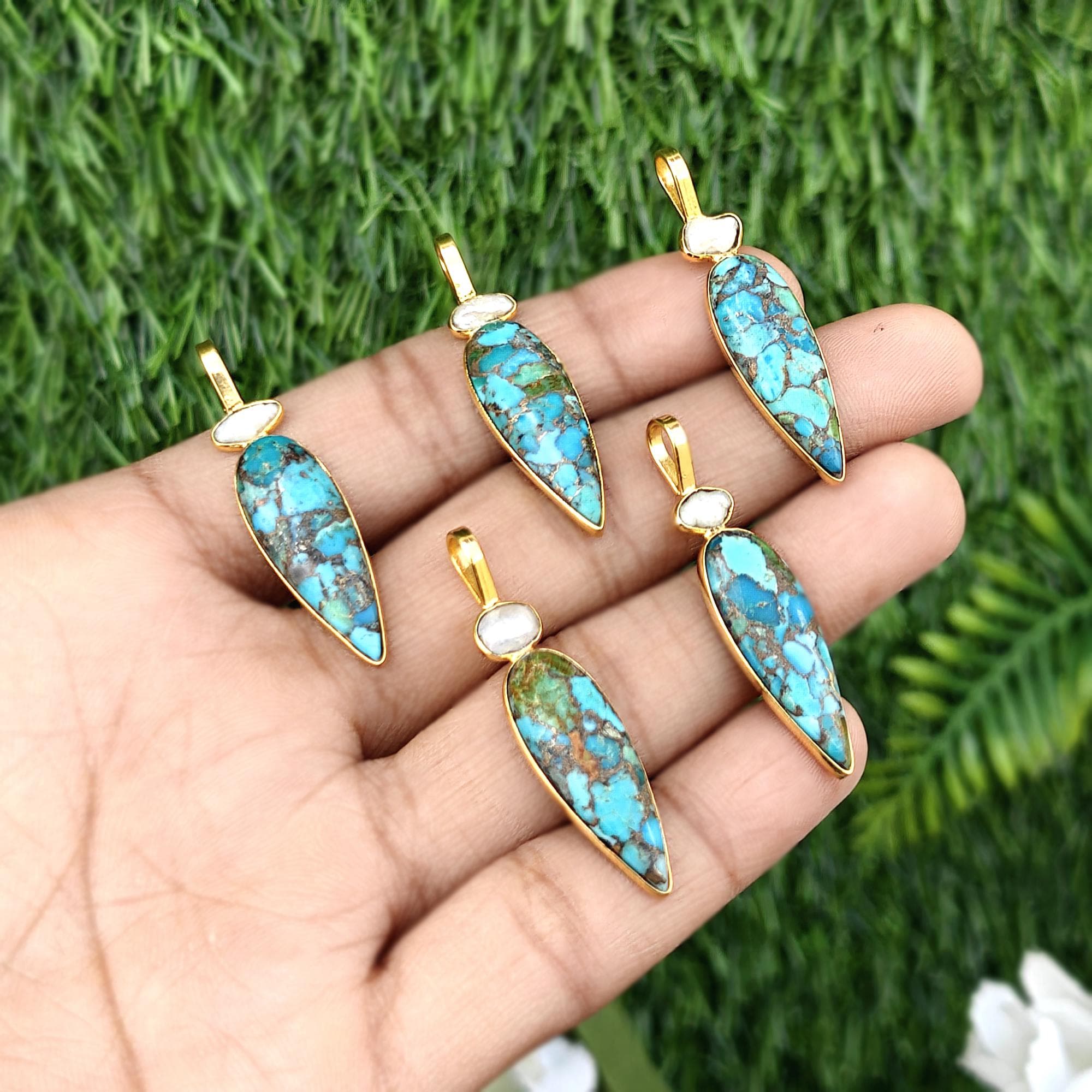 Natural Blue Copper Turquoise Pear Pendant Gold Plated Connector Charms with Pearl Jewelry Component