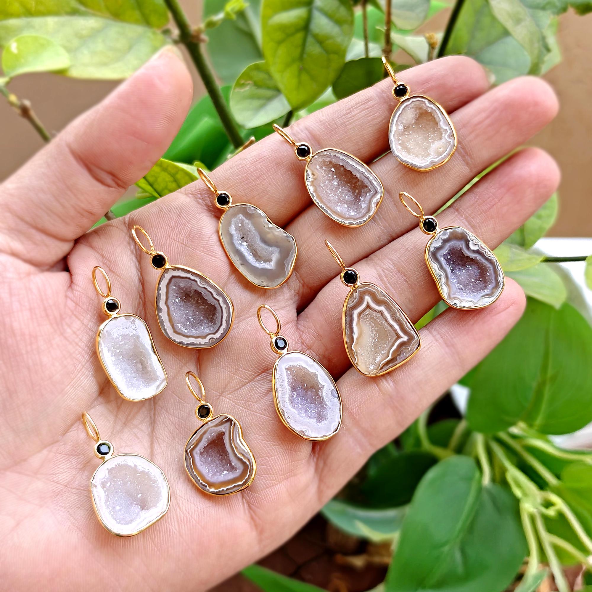 Black CZ Geode Druzy Gold Plated Pendant Charm Agate Connector Bezel Jewelry Making Components