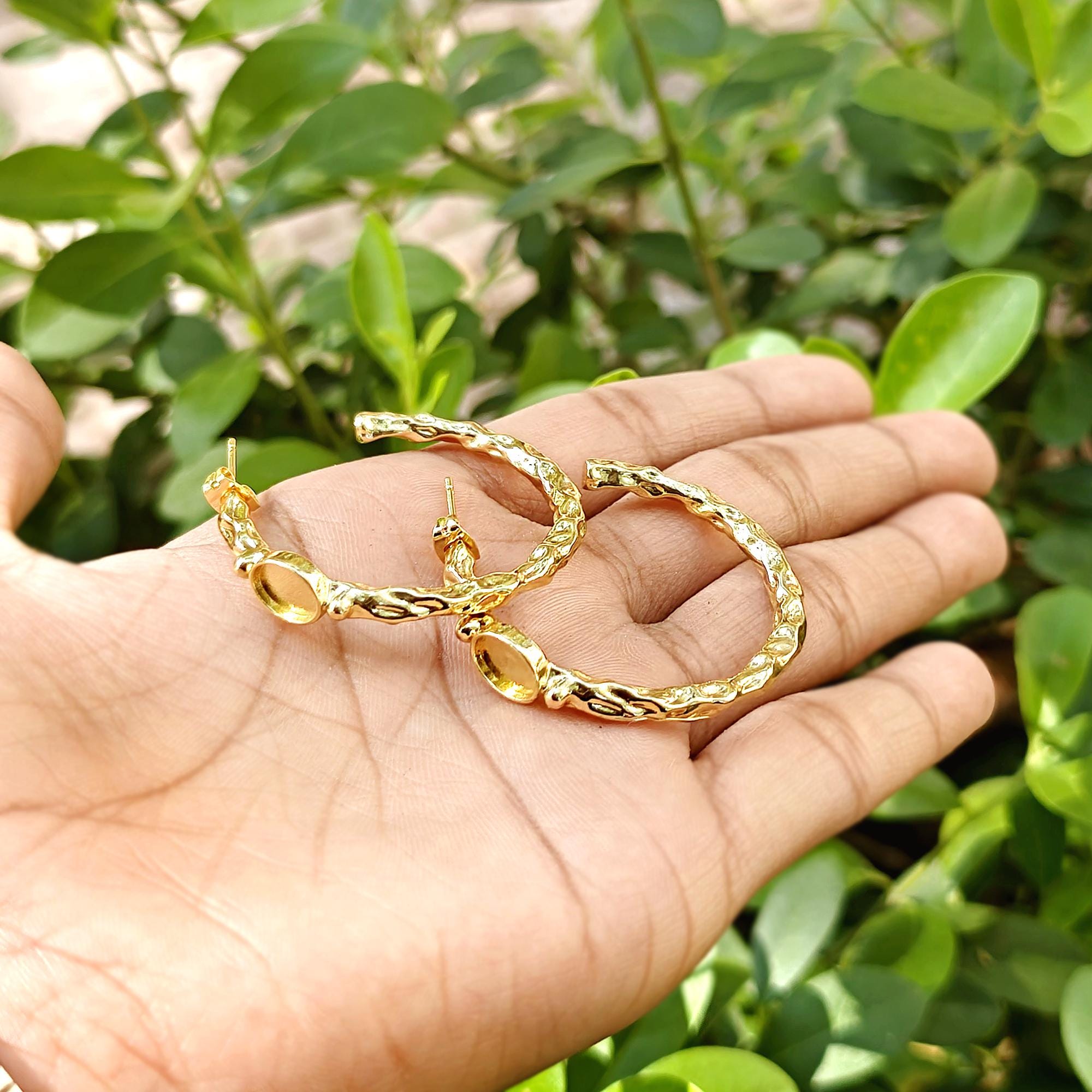 Gold Plated Brass Hoop Earring Blank for 6x8mm Oval Stone Setting