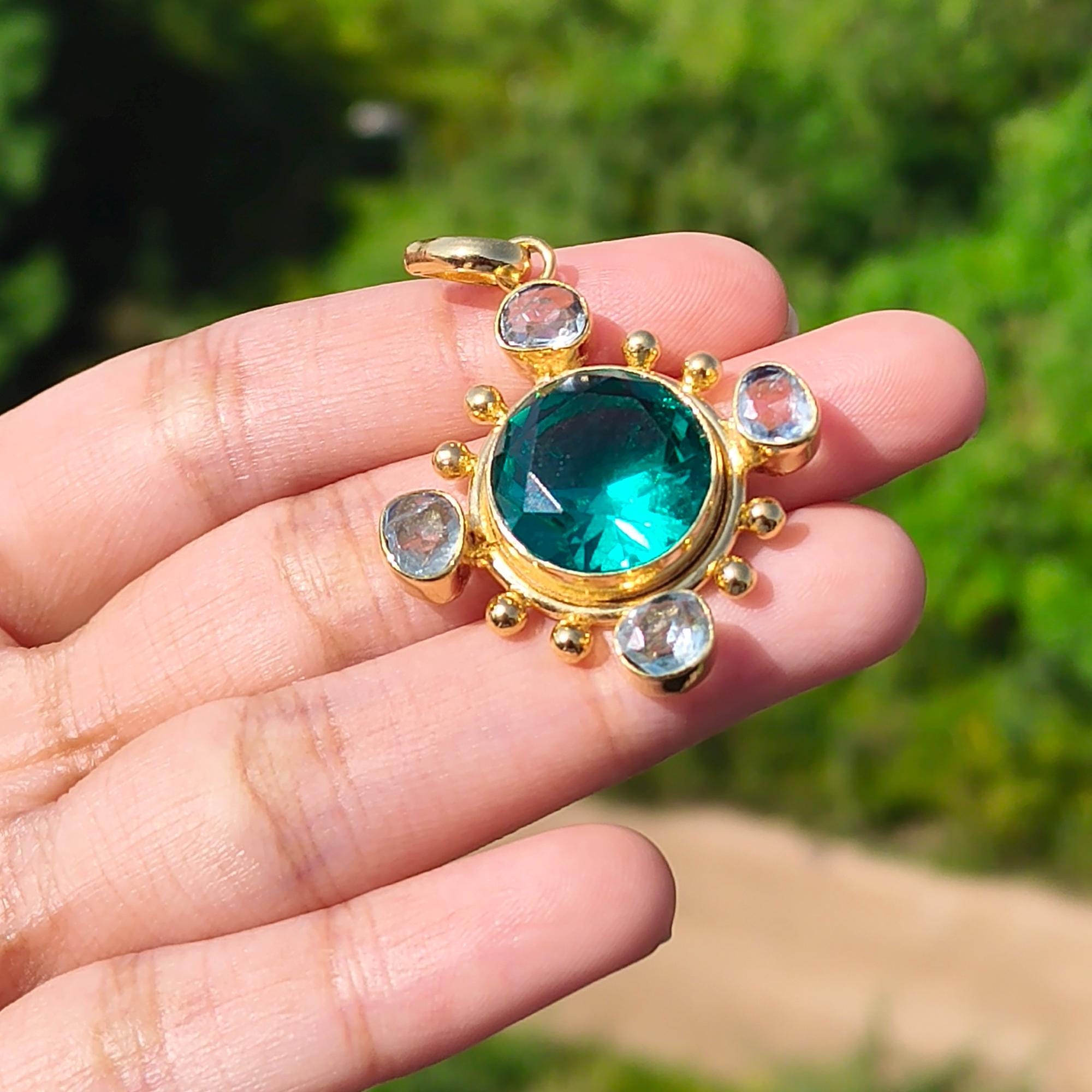Faceted Round Cut Apatite Quartz Pendant Gold Plated Natural Aquamarine Necklace Pendant
