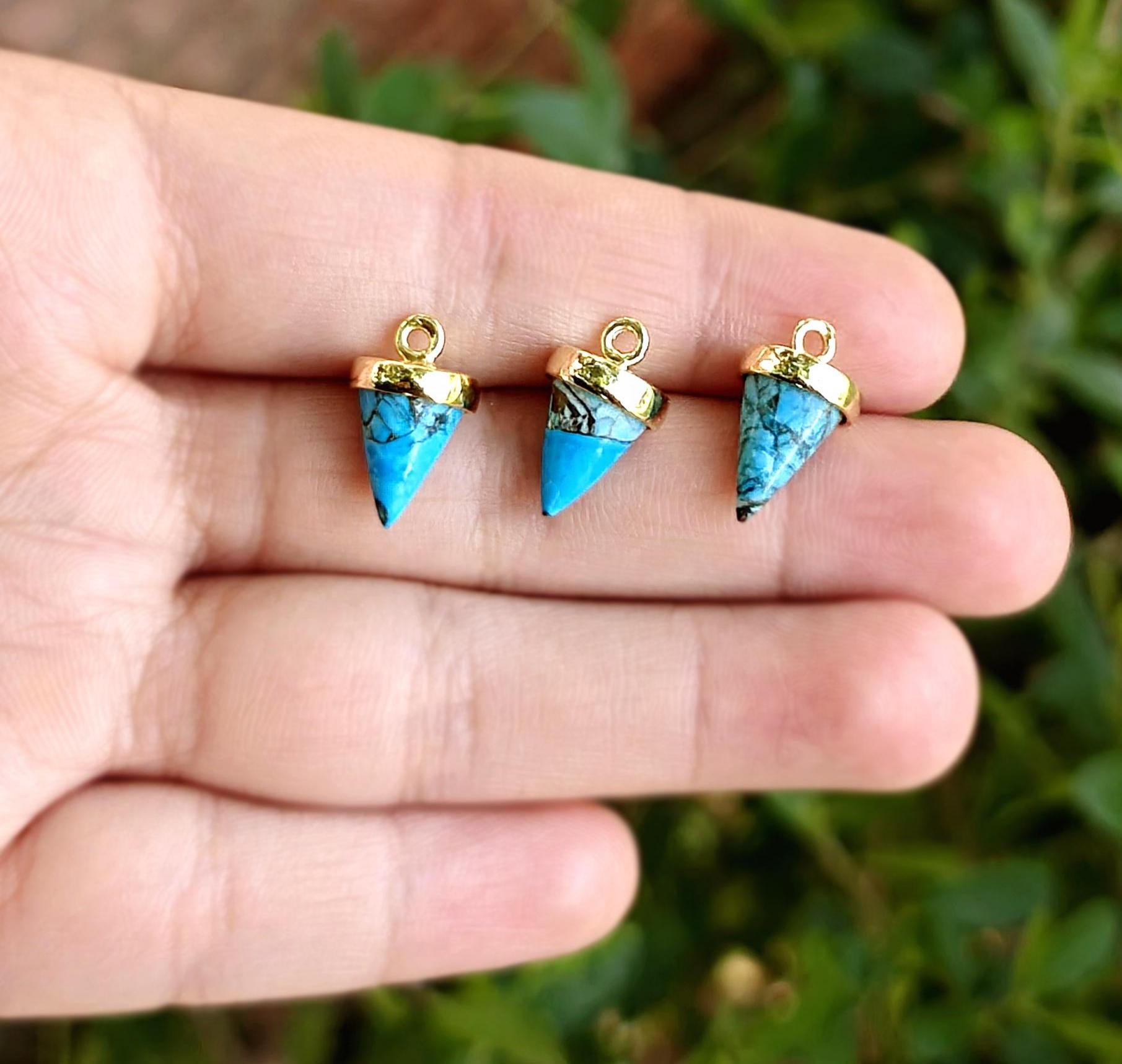 Blue Copper Turquoise Cone Shape Pendant Gold Plated Gemstone Connector Making Supply