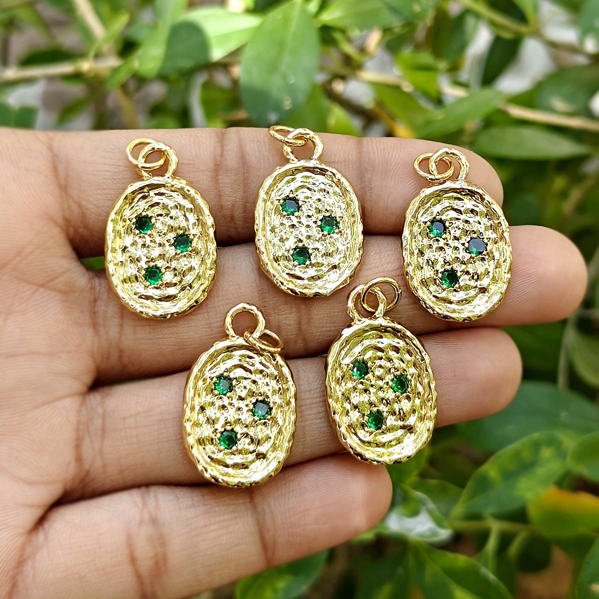 Gold Plated Textured Oval Pendant Connector Cham with Red CZ