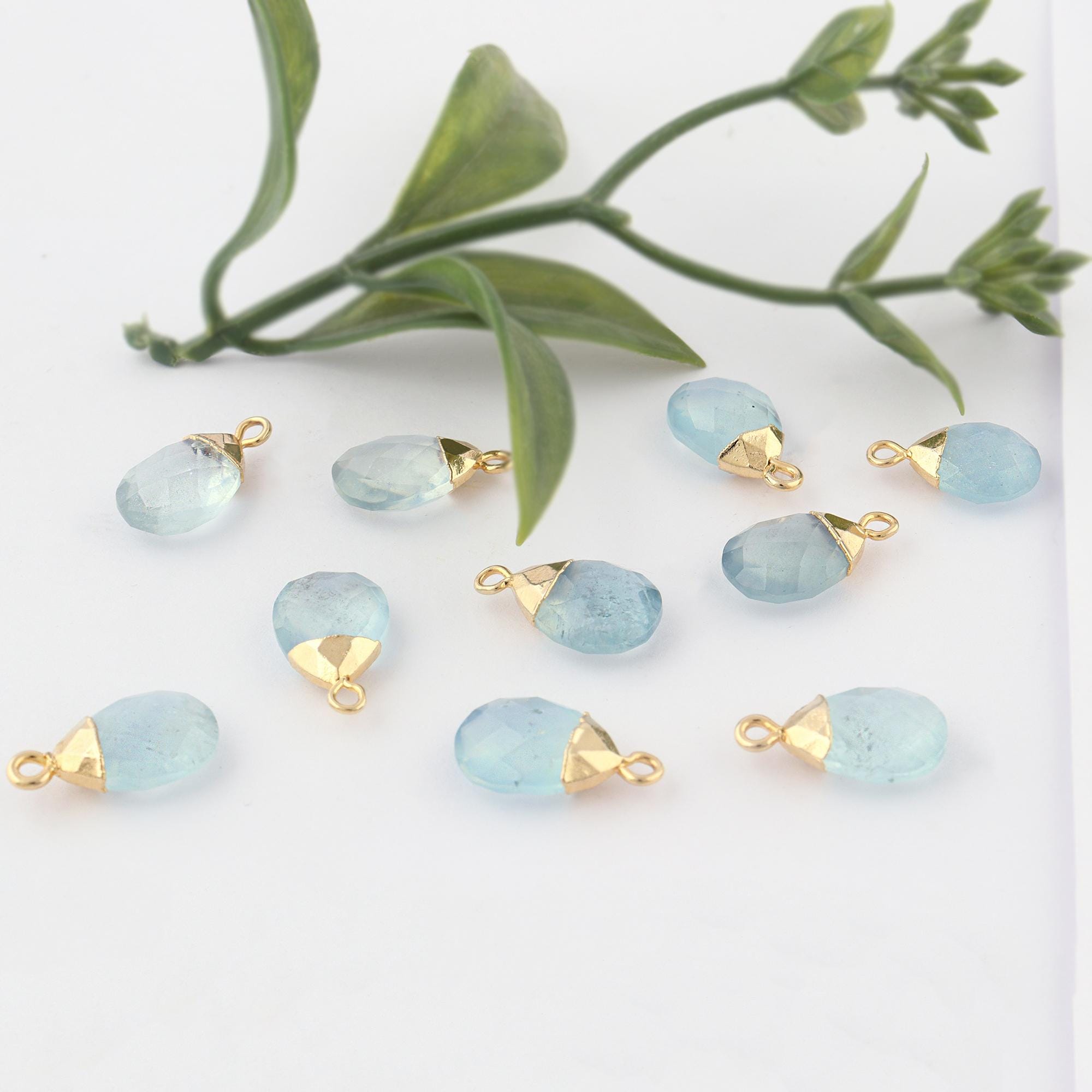 Aquamarine s: 18k Gold Plated Brass Cap, Pear Checker Cut (Set of 10)