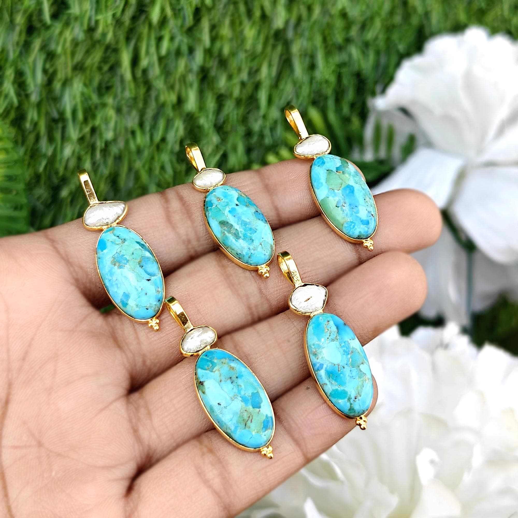 Natural Kingman Turquoise Pendant Gold Plated Oval Shape Charms with Pearl Jewelry Making Components