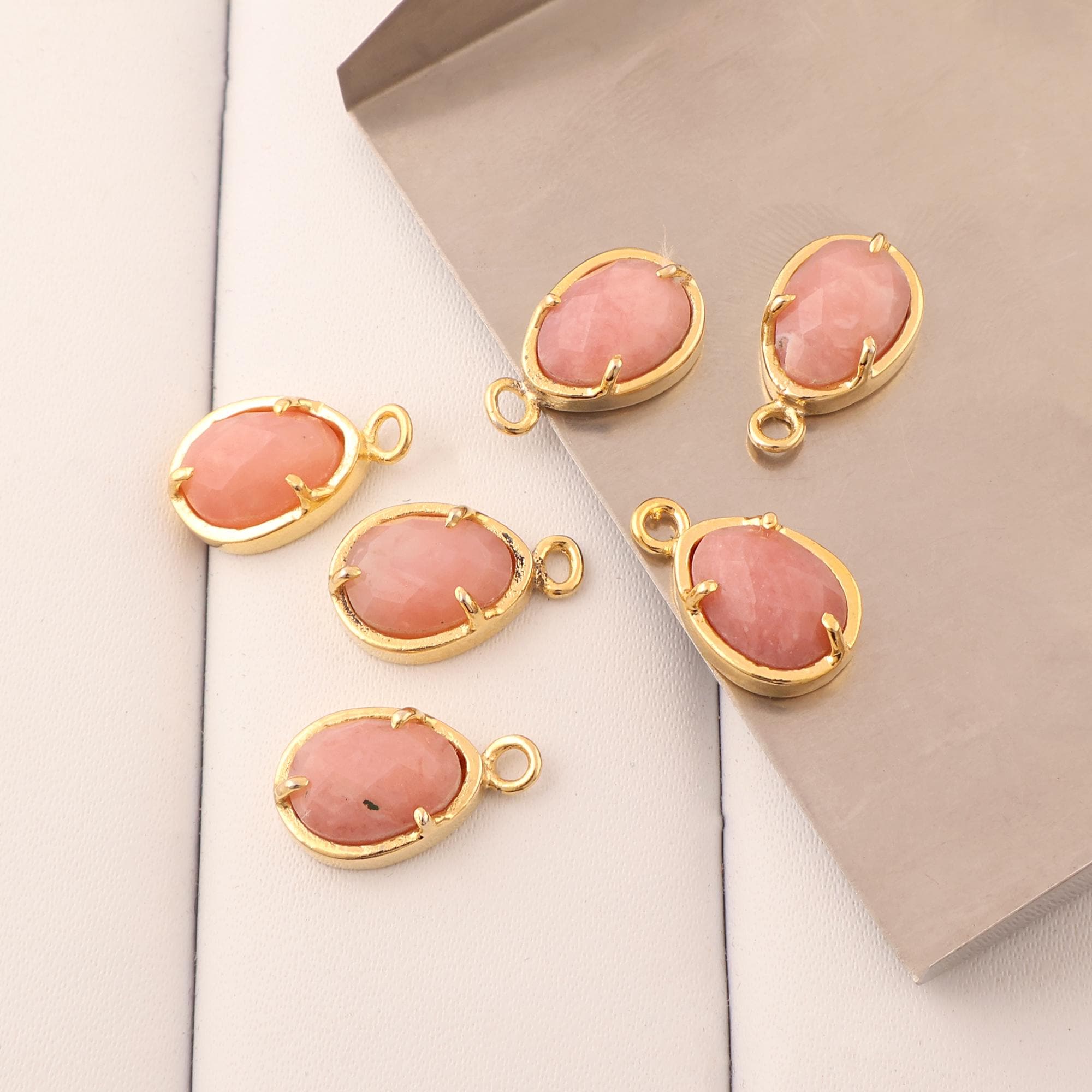 Peach Moonstone Connector Gold Plated Prong Set Gemstone Charm Making Supply