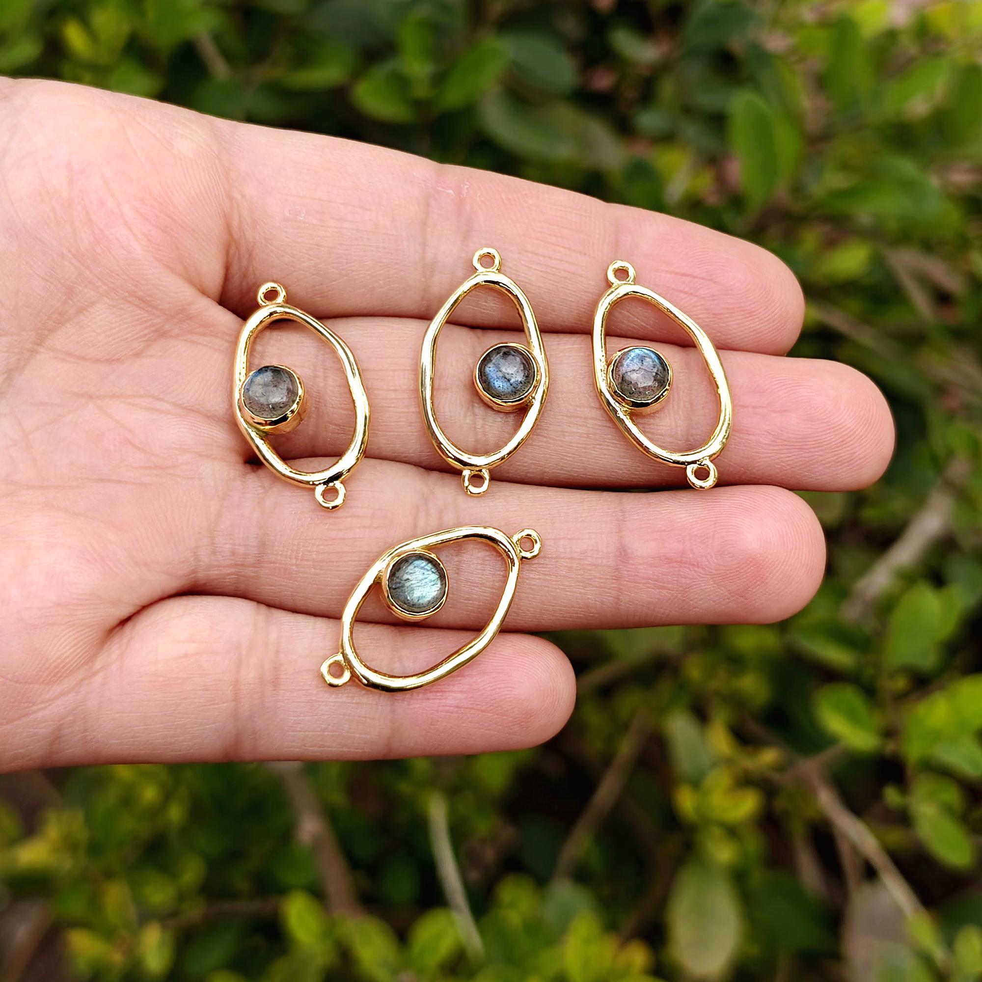 Natural Labradorite Oval Gold Plated Connectors, Double Bail Connector