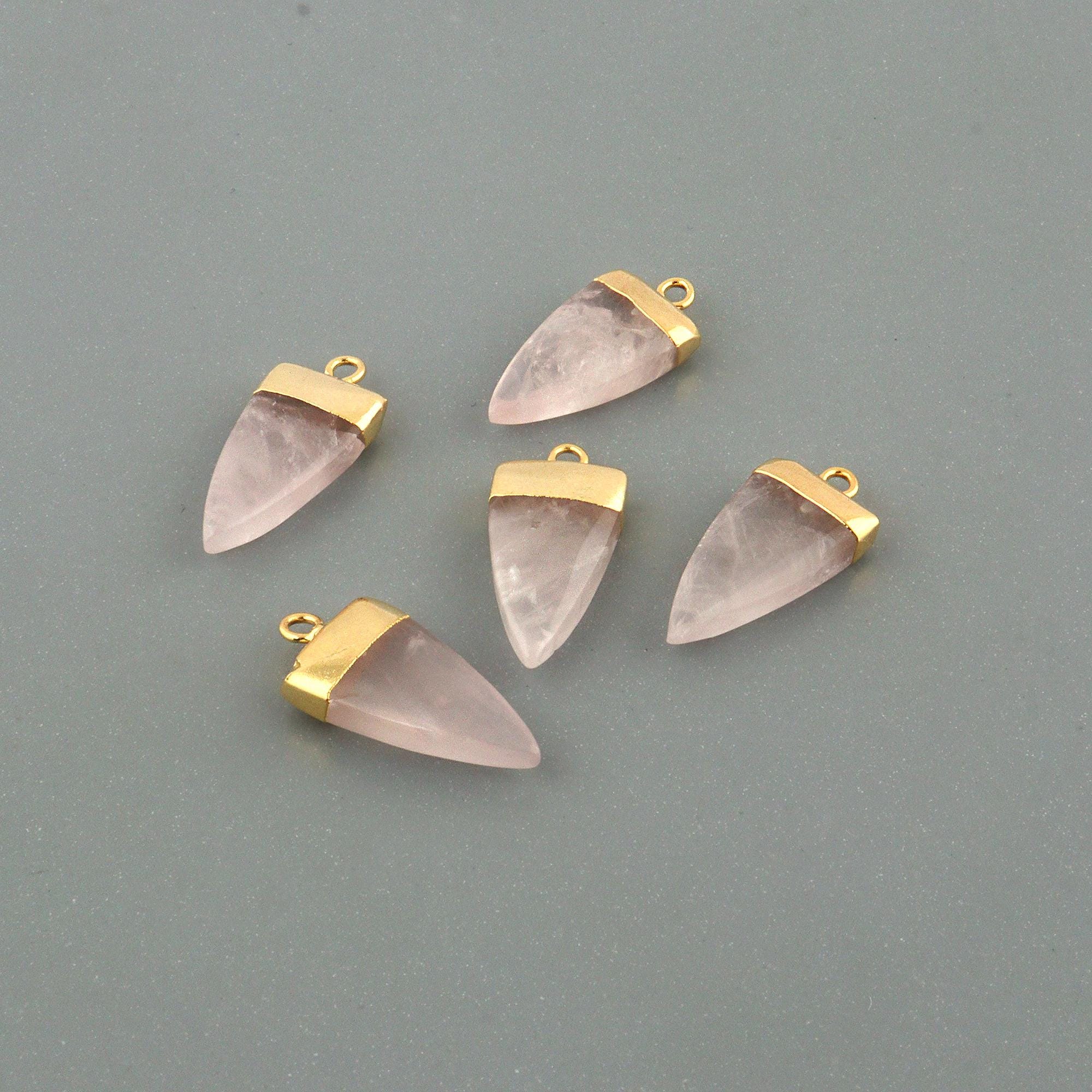 18k Gold Capped Rose Quartz Triangle Charm, Gemstone Connector