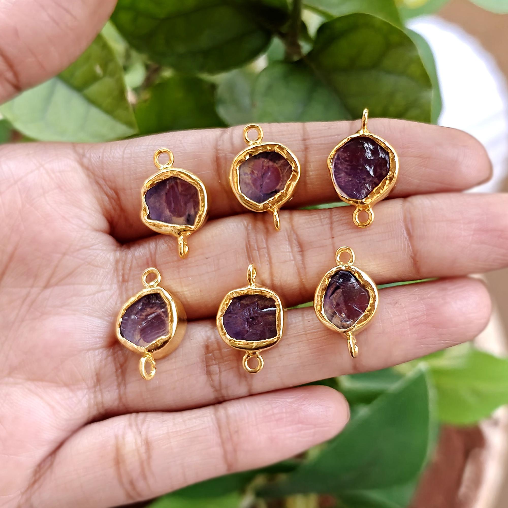 Amethyst Raw Gemstone Double Bail Bracelet Connector Bezel Set Charm Gold Plated Component