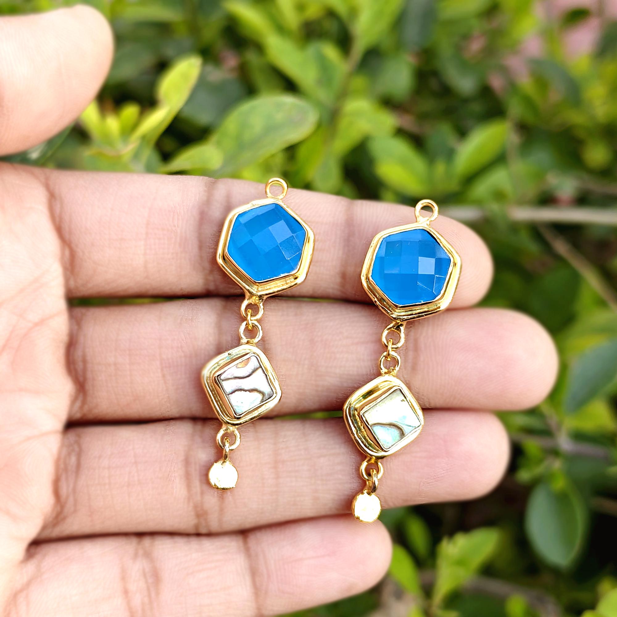 Blue Chalcedony Abalone Shell Gemstone Pair Connector Gold Plated Dangle Earring Jewelry Making Component
