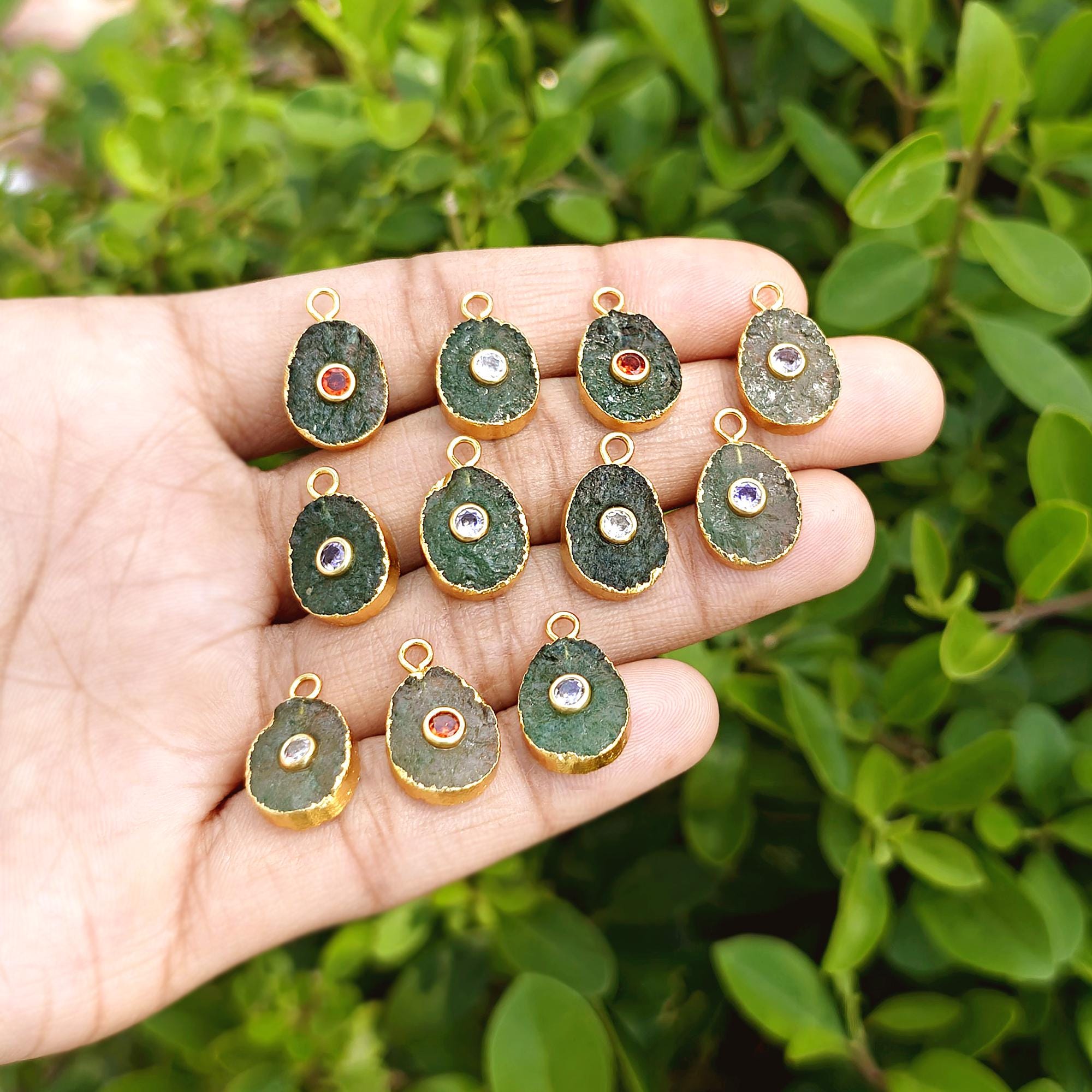 Green Strawberry Quartz Raw Oval Pendant Connector Electroplated Gemstone Charm Single Bail Jewelry Component