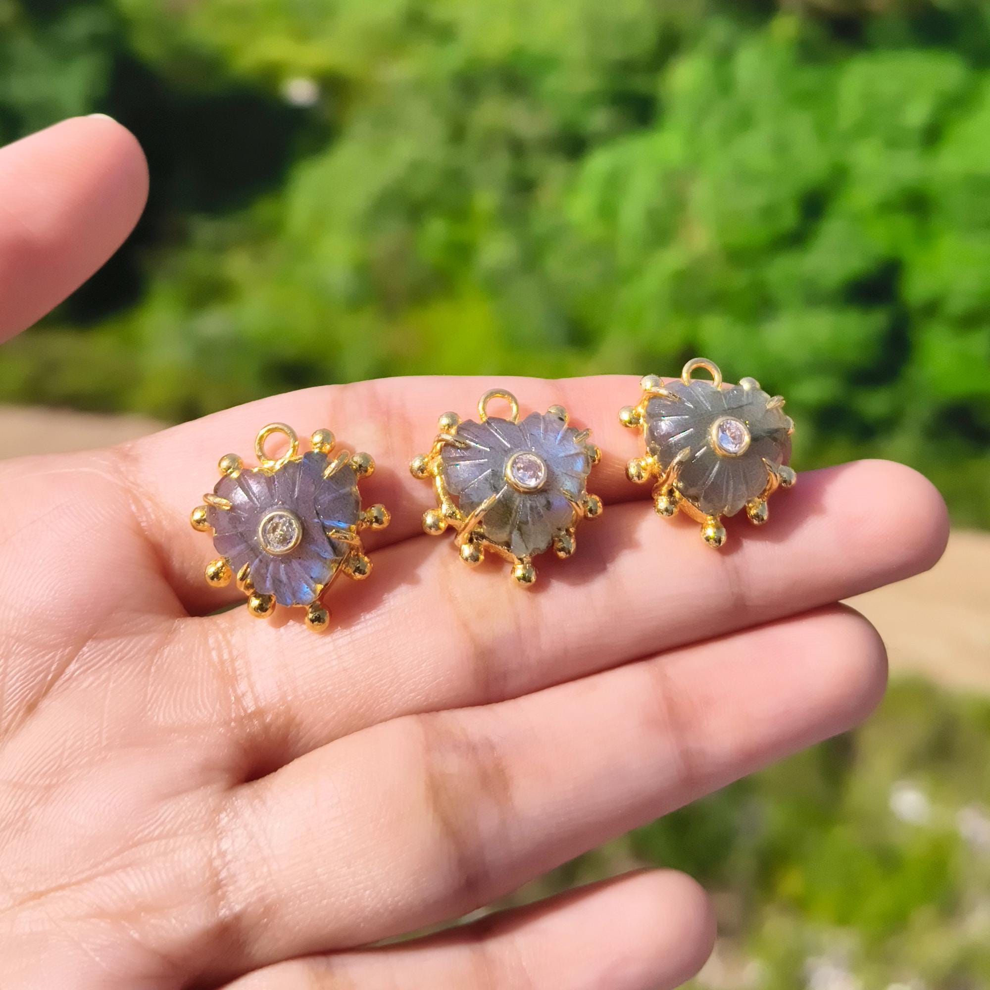 Natural Labradorite Heart Connector: Gold Plated Tiny CZ Gemstone Necklace Pendant