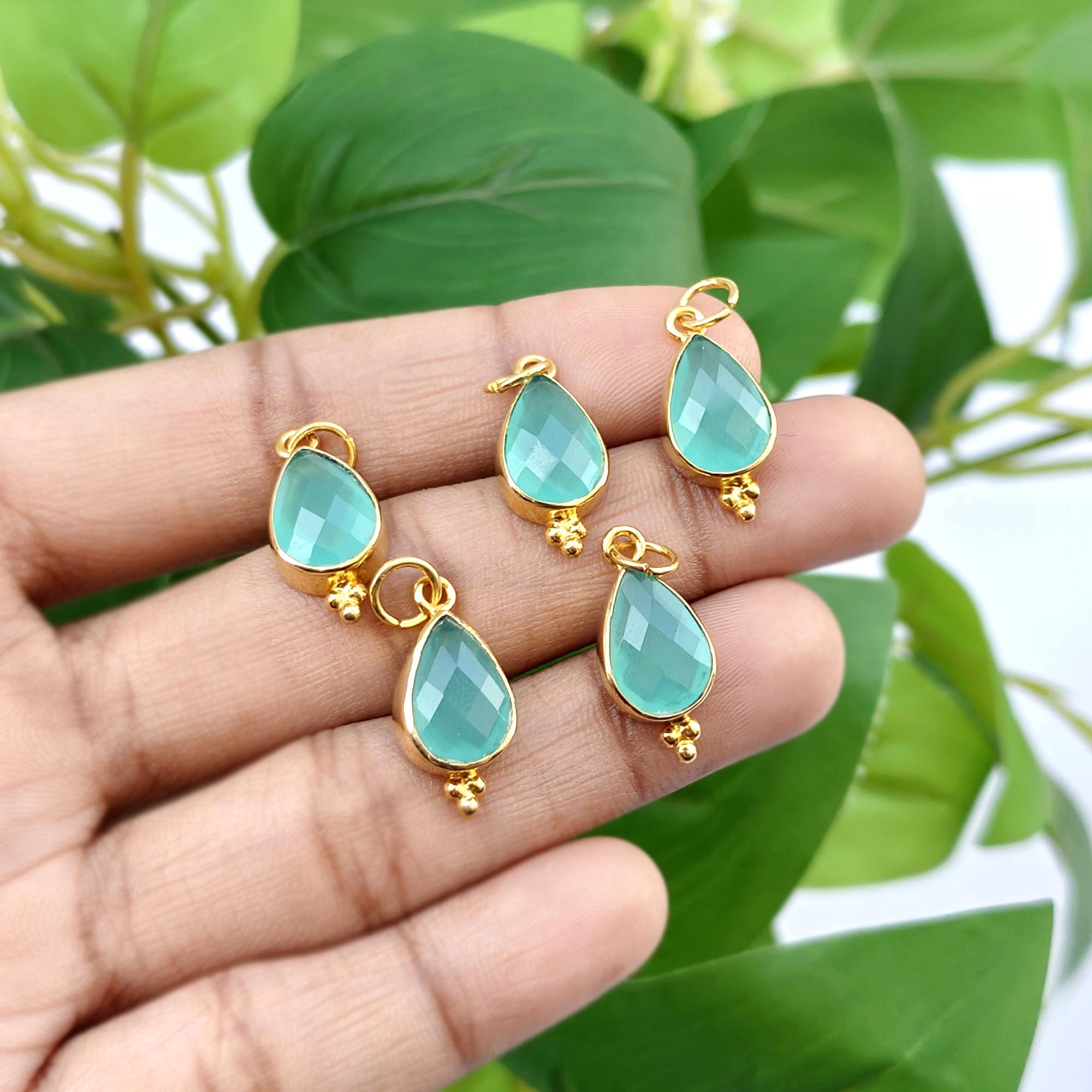 Aqua Chalcedony Teardrop Pendant Connector Gold Bezel Gemstone Charm Minimalist Jewelry Making Component