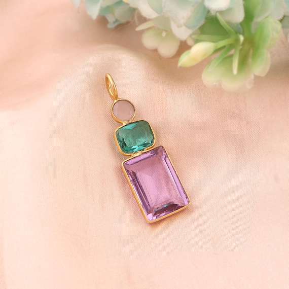 Gold Bezel Amethyst Quartz, Pink Chalcedony Gemstone Pendant Connector Apatite Quartz Jewelry Making Charm