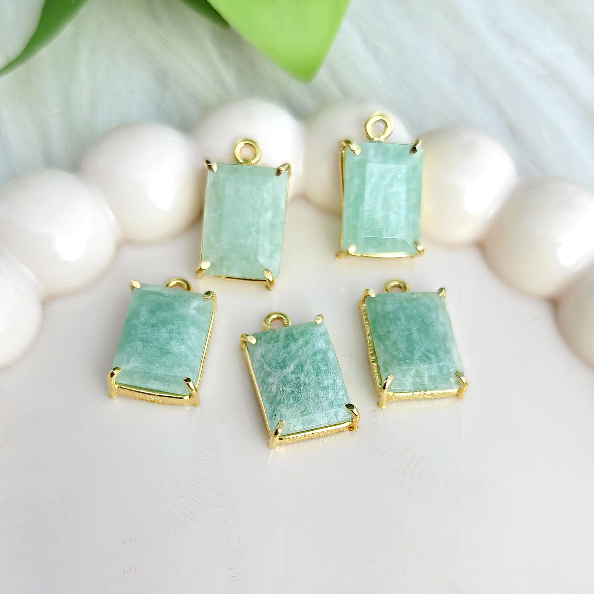 Natural Amazonite Connector Rectangle Gemstone Connectors, Gold Plated Prong Set