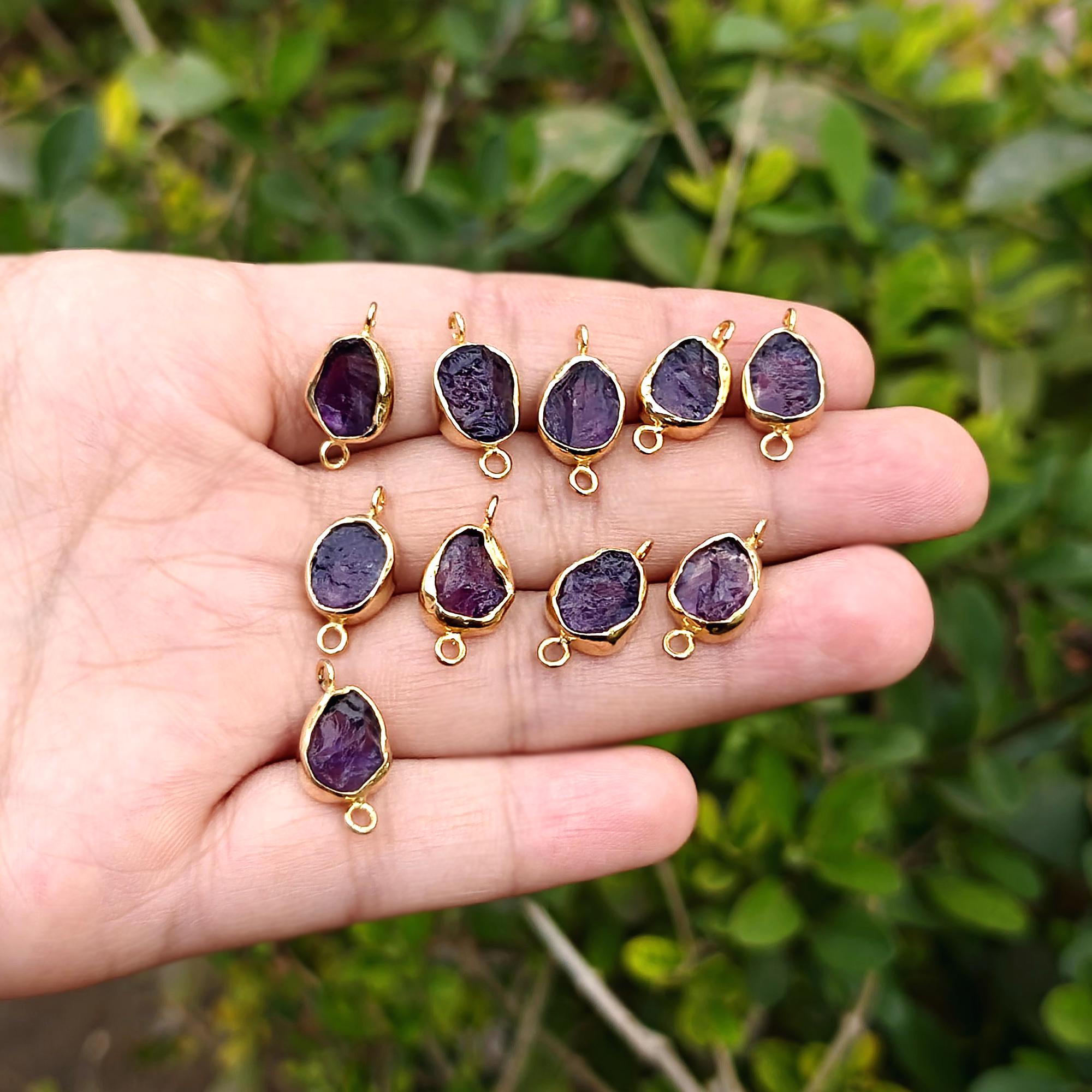 Natural Raw Amethyst Gemstone Connector, Gold Plated DIY Bracelet Charms