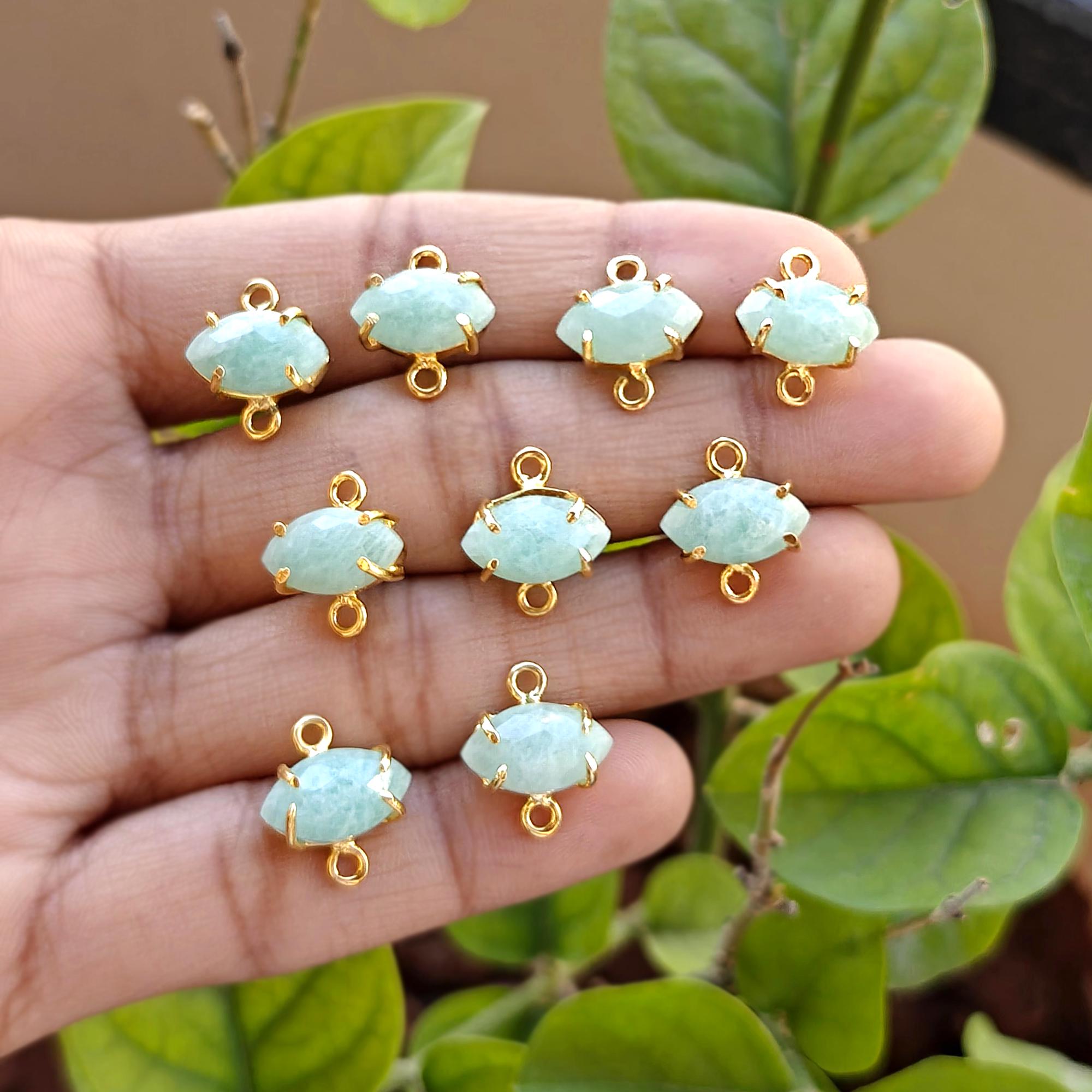 Amazonite Double Bail Marquise Shape Connector Gold Plated Prong Set Gemstone Charm DIY