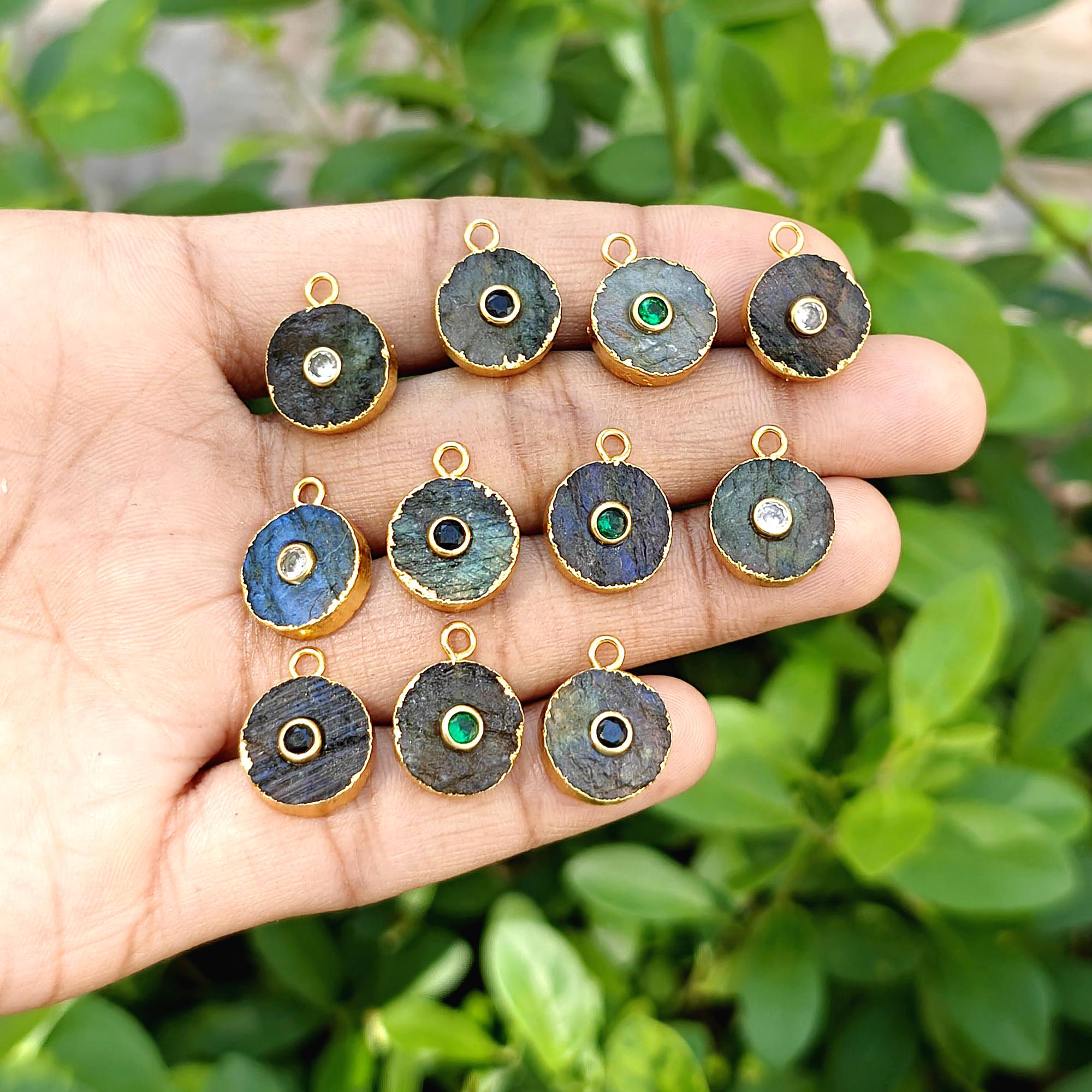 Raw Labradorite Gemstone Connector Gold Electroplated Round Charms Jewelry Making Supplies