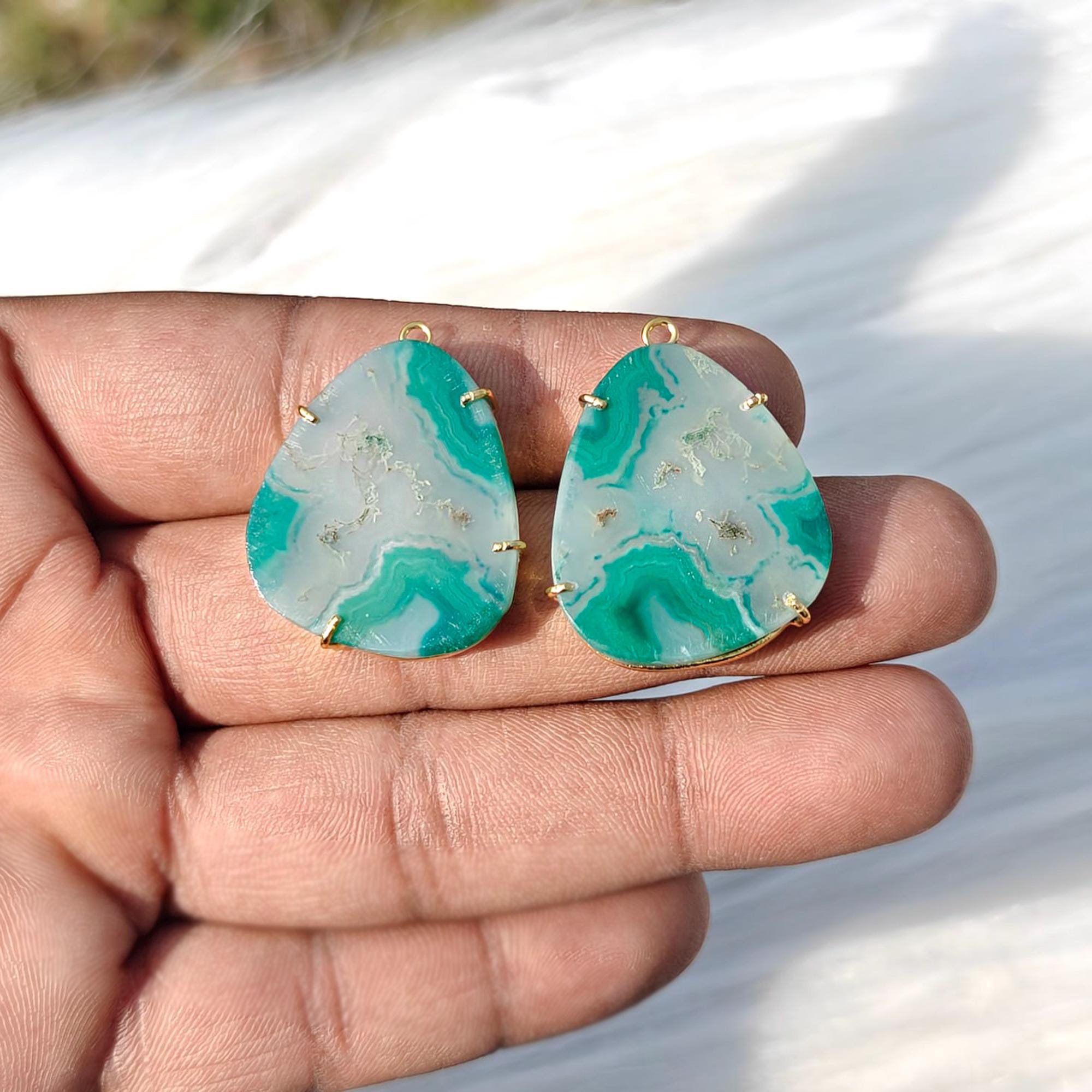 Green Botswana Agate Earring Pair, Gold Plated Single Bail Connectors