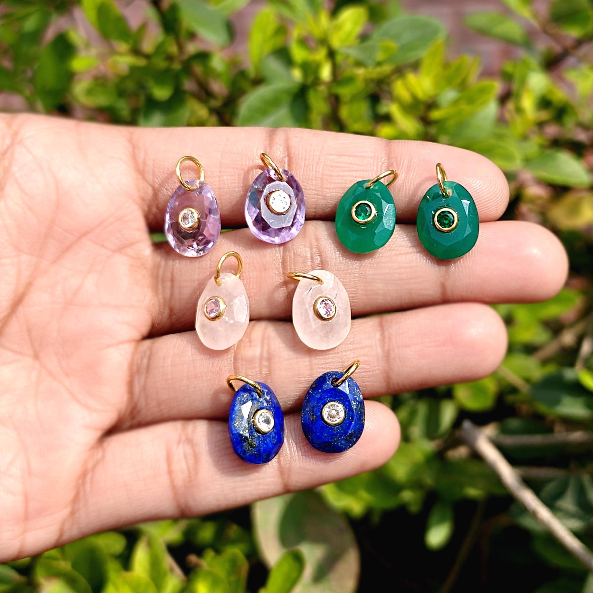 Oval Gemstone Pendant Double Stone Charm Gold Plated Bail Handmade Necklace Connector