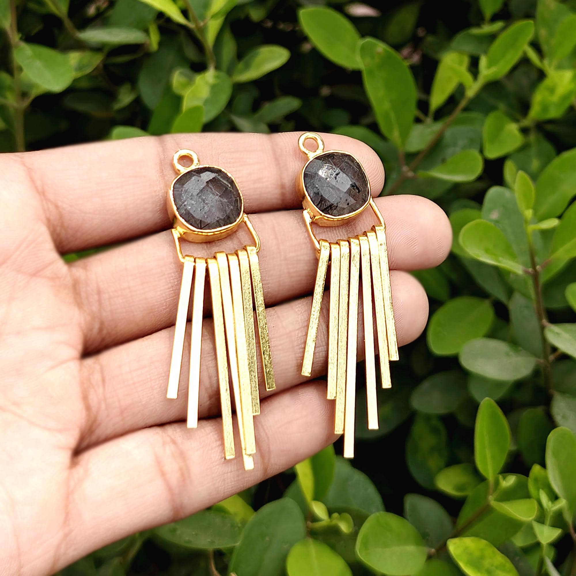 Black Rutile Quartz Gemstone Earring Connector Pair Gold Fringe Dangle Charms Jewelry Component