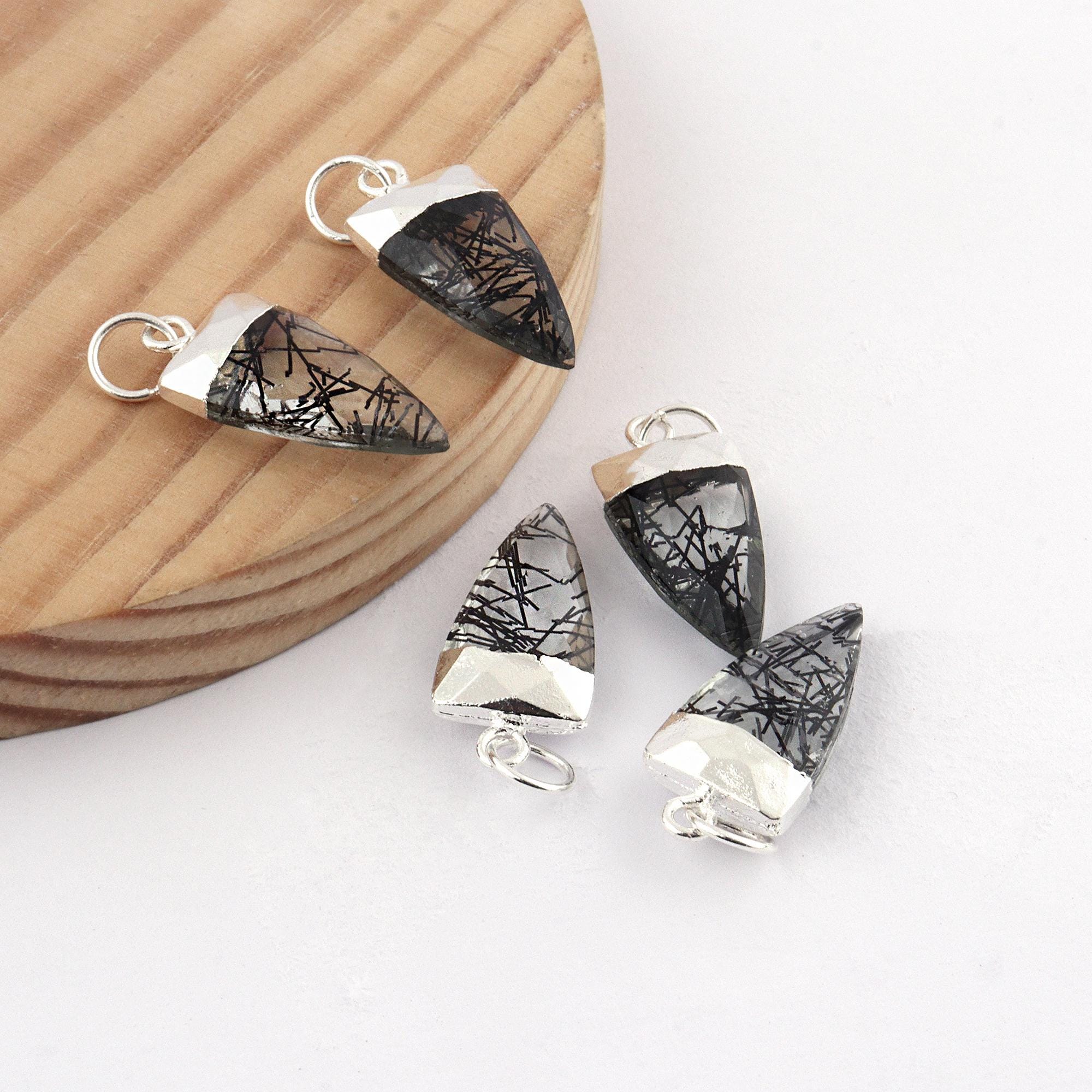 Black Rutile Hydro Quartz Mini Pendant Charm Trillion Faceted Gemstone Gold or Silver Electroplated