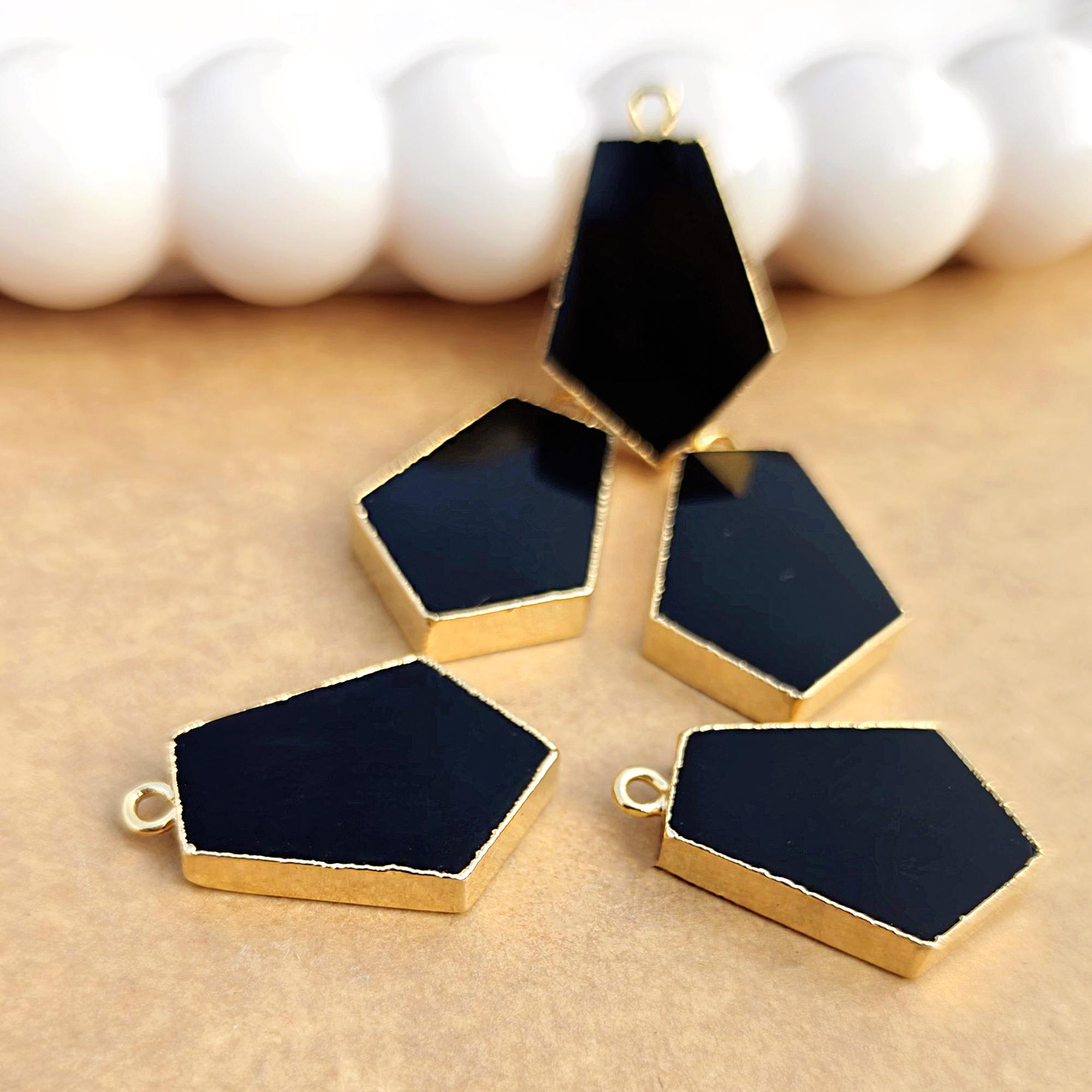 Natural Black Onyx Gold Electroplated Connectors, Onyx Gemstone Making Jewelry