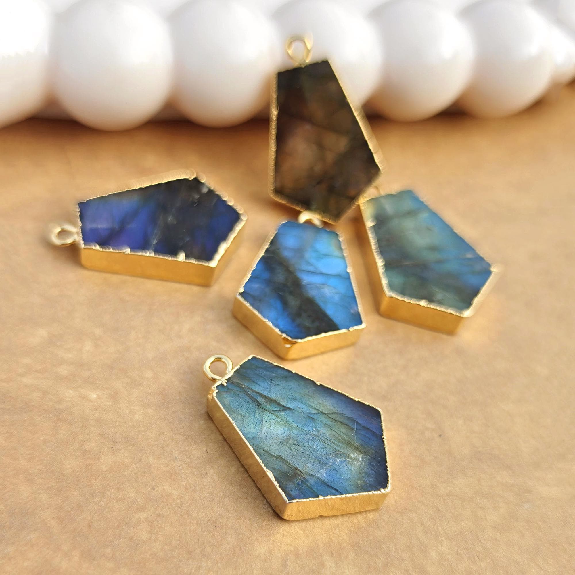 Natural Labradorite Gemstone DIY Connectors, Gold Electroplated Single Bail Connector