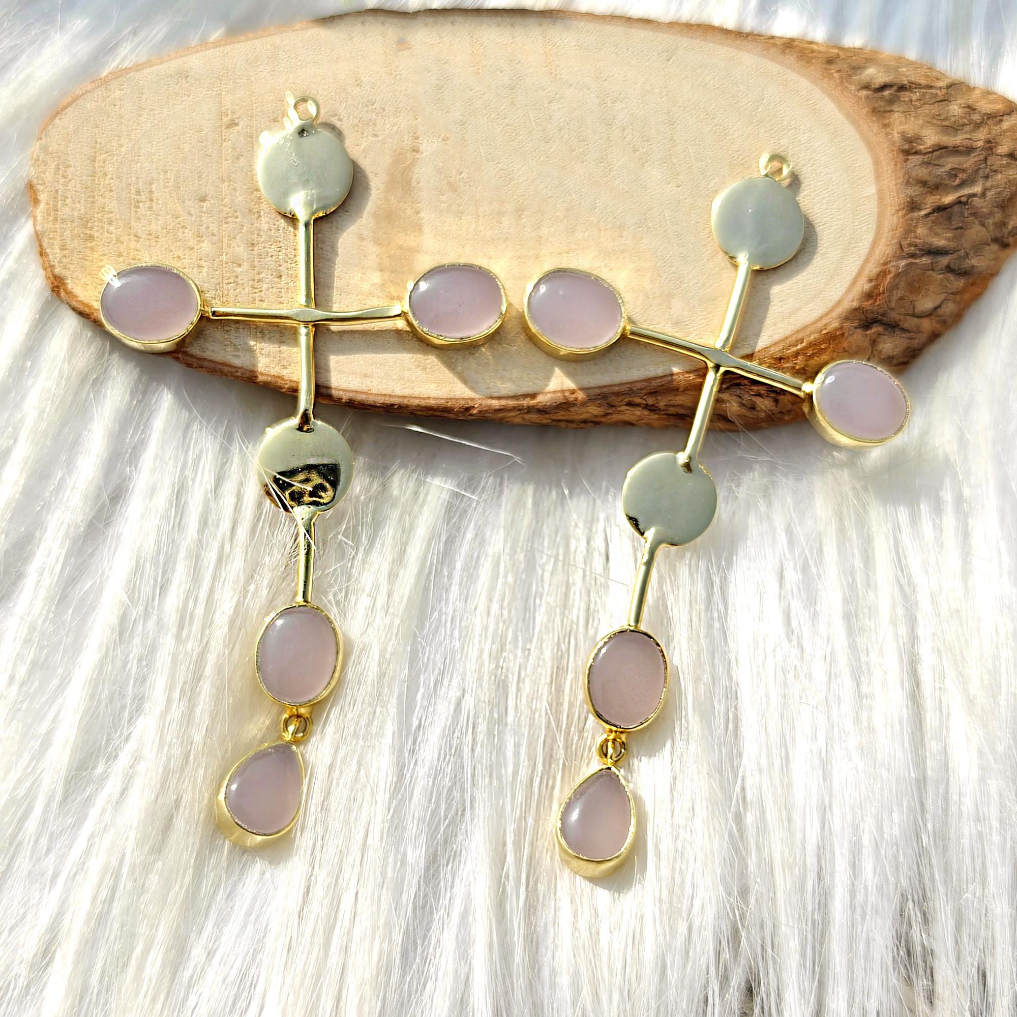 18k Gold Plated Pink Chalcedony Gemstone Cross Shaped Brass Metal Collet Set Earring Connector