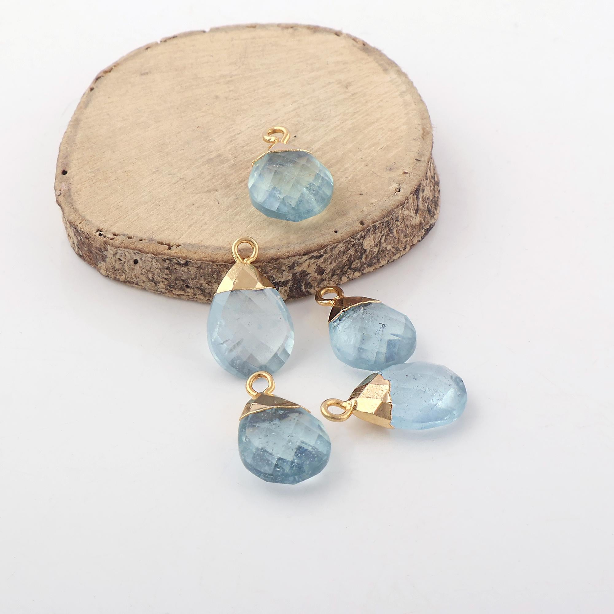 Natural Aquamarine Teardrop Gold Electroplated Connector : Beryl Gemstone Metal Bail Earring Jewelry