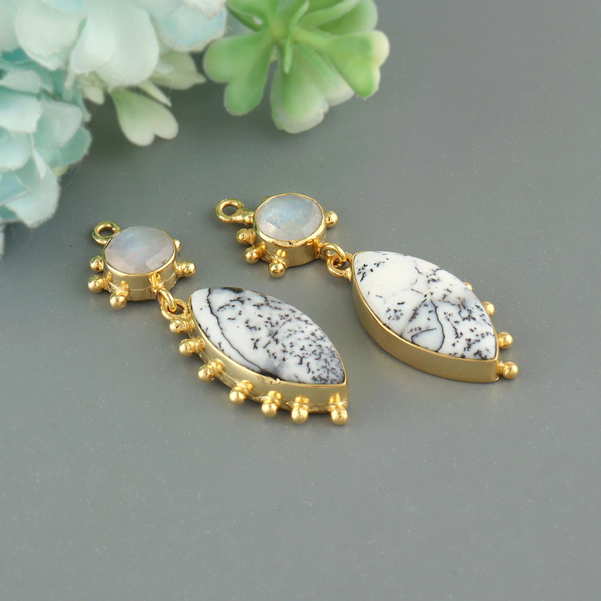 Natural Dendrite Opal Dangle Earring Charms Handmade Gold Plated Component