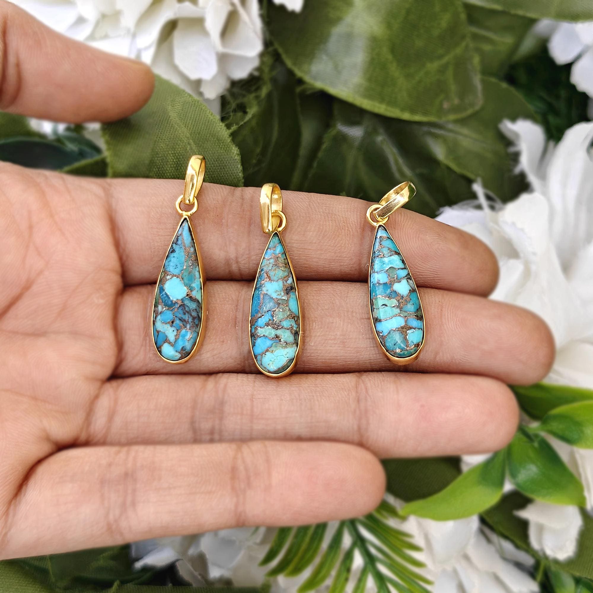 Natural Blue Copper Turquoise Pear Pendant Gold Bezel Gemstone Charm Making Supplies