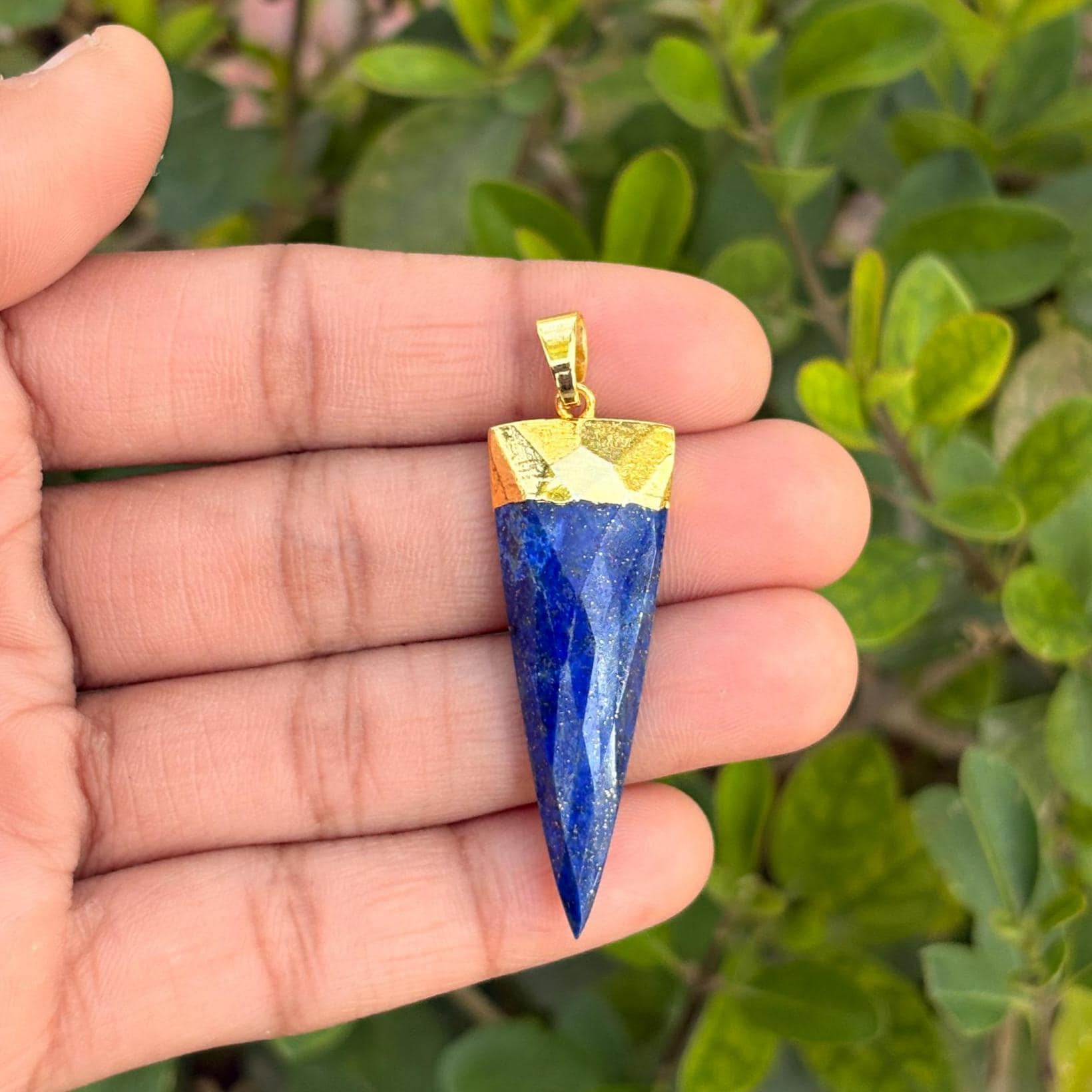 Natural Lapis Lazuli Gold Electroplated Pendant, Brass Triangle Pendant