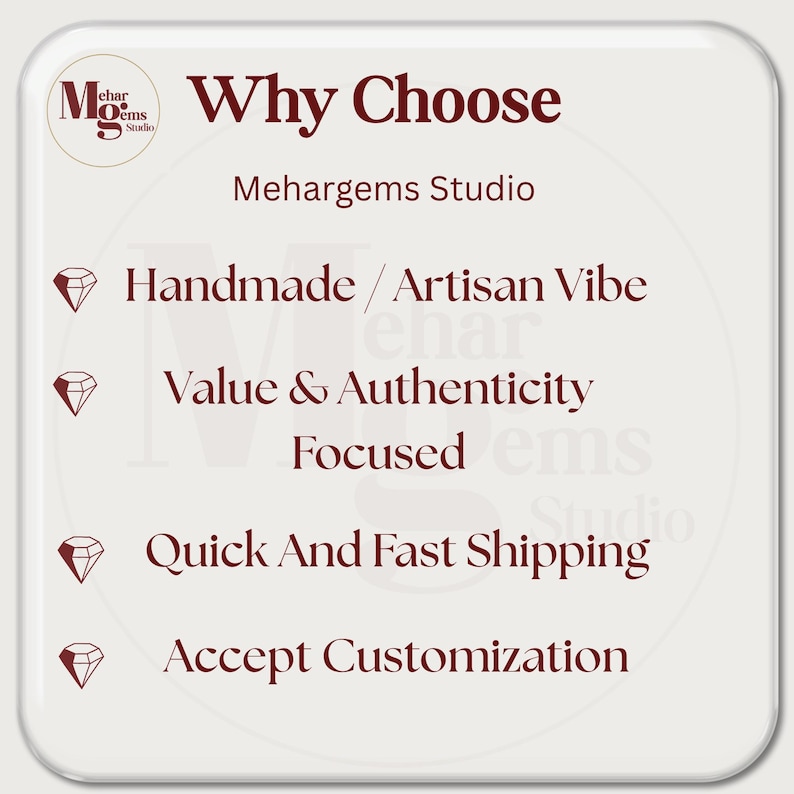 Promotional graphic for Mehargems Studio titled "Why Choose Mehargems Studio." The image lists four key brand values accompanied by diamond icons: "Handmade / Artisan Vibe," "Value & Authenticity Focused," "Quick And Fast Shipping," and "Accept Customization." The layout is clean with a professional logo in the top left corner.
