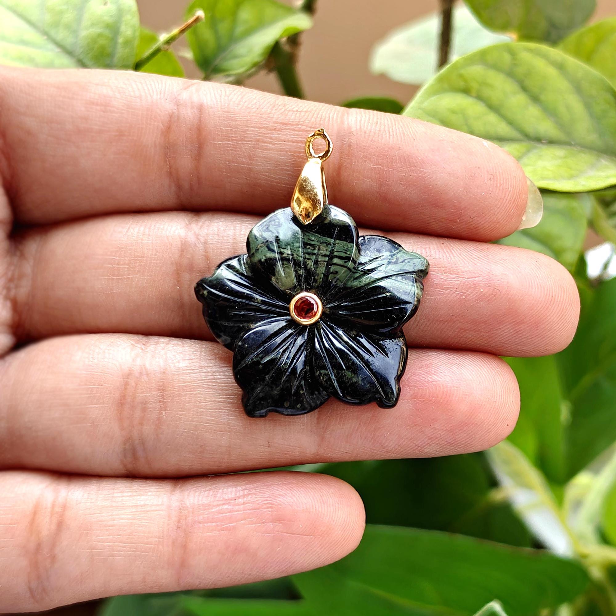 kambaba Jasper with Red CZ Flower Hand Carved Gemstone Pendant Charm DIY Necklace Component