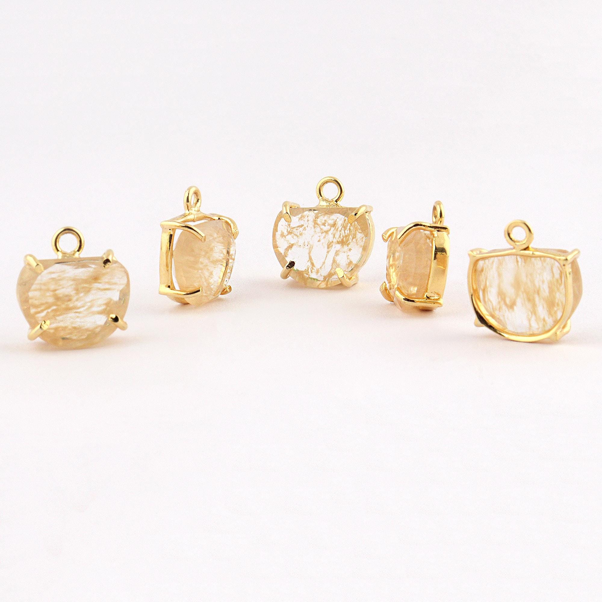 Gold Plated Brass Natural Golden Rutile Quartz Charm Connector For Making
