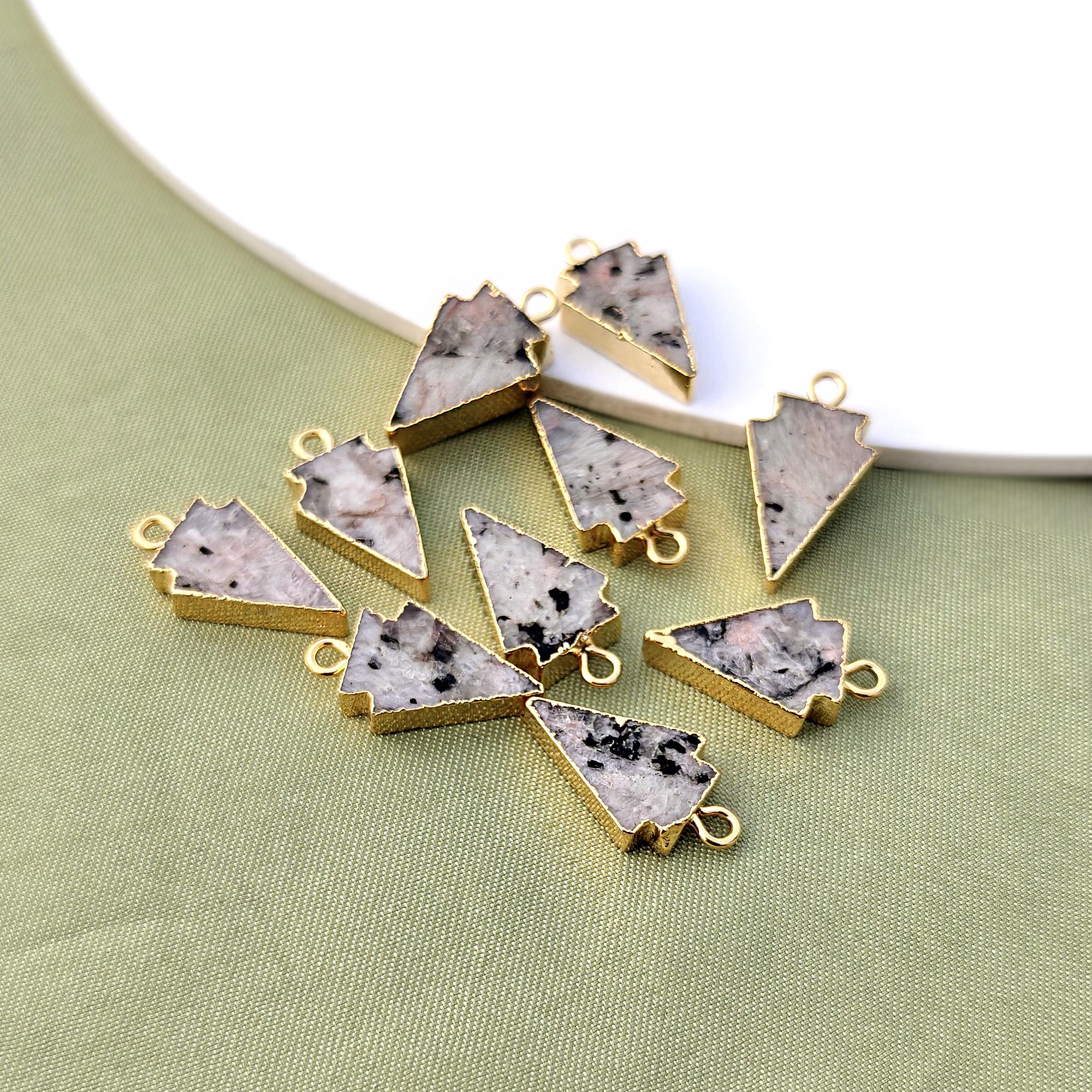 18k Gold Electroplated Dalmatian Jasper Arrowhead Metal Brass Single Bail Gemstone Connectors