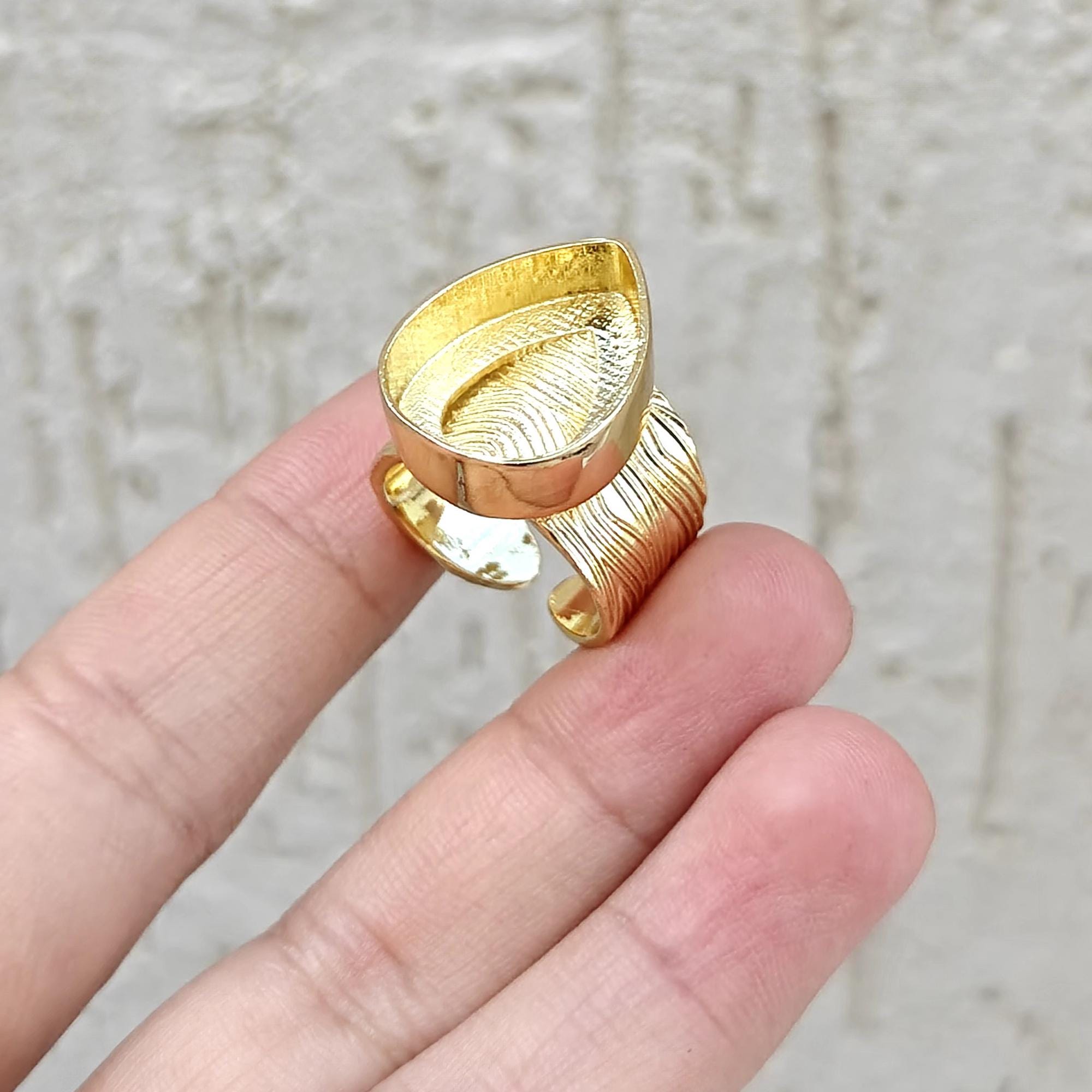 Gold Plated Pear Ring Setting Blank, Adjustable Brass Ring for Jewelry Designers (16x20mm)