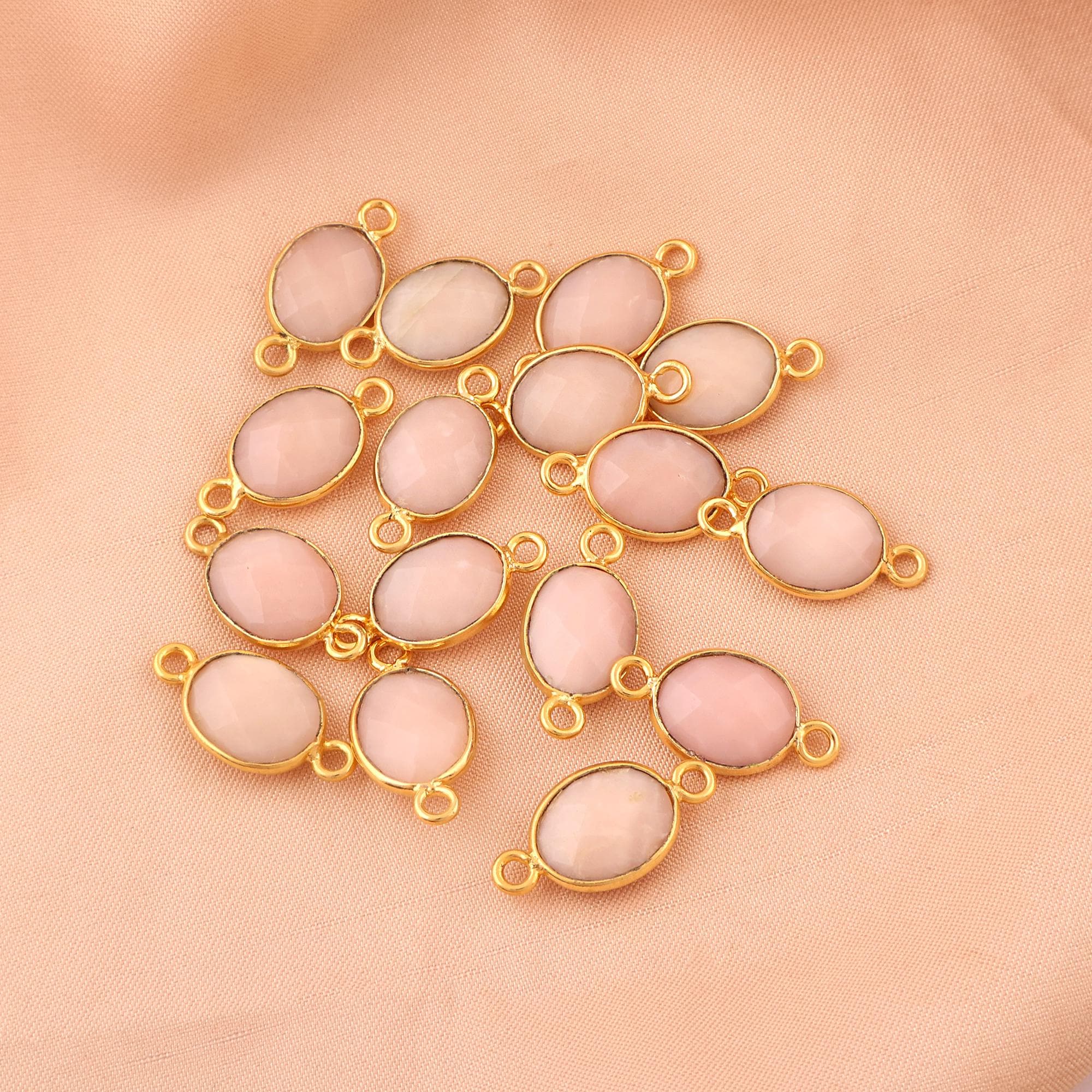 Oval Pink Opal Gold Plated Gemstone Double Bail Connectors Bracelet Charm DIY