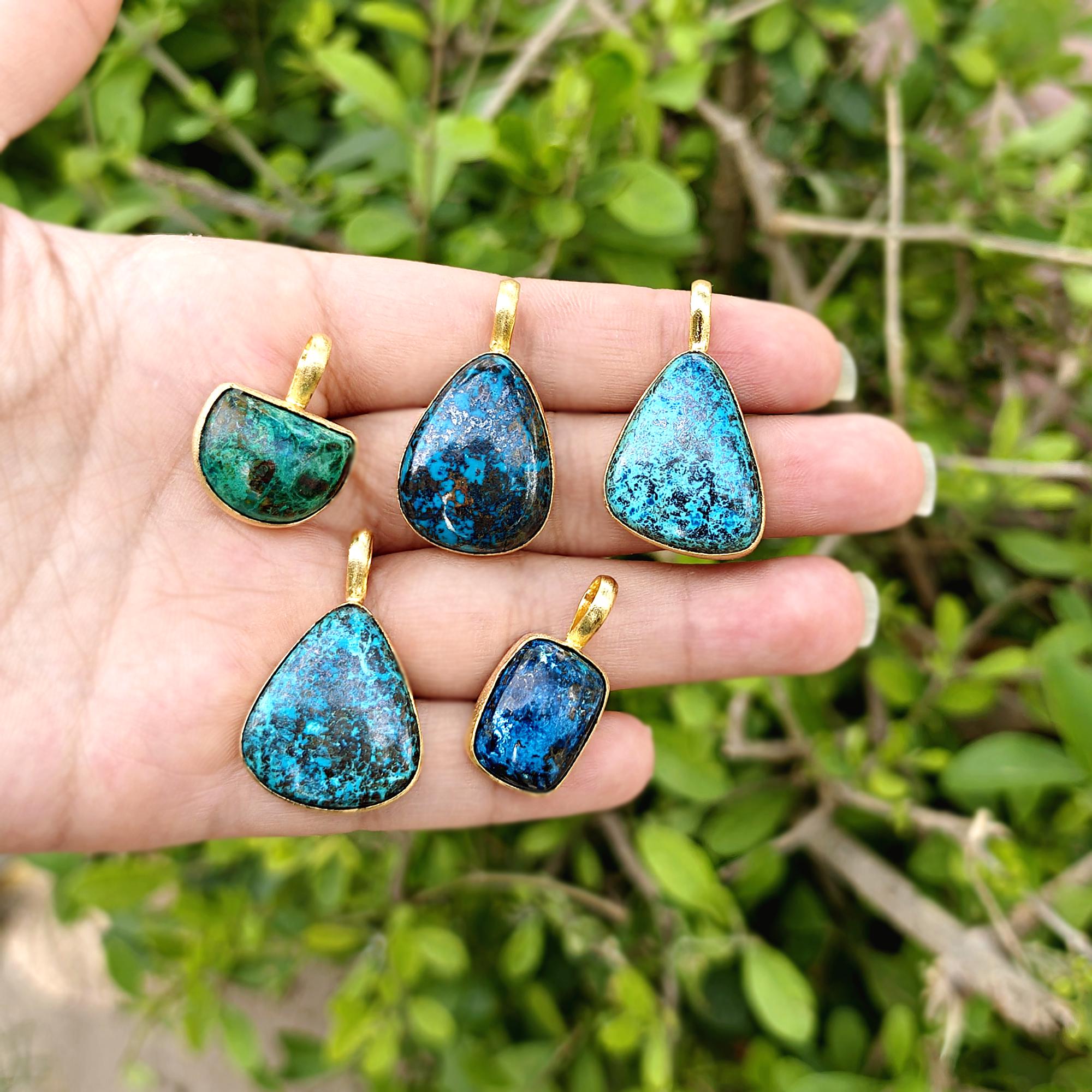 Blue Azurite Pendant Charm Brushed Finished Gold Plated Necklace Connectors Making