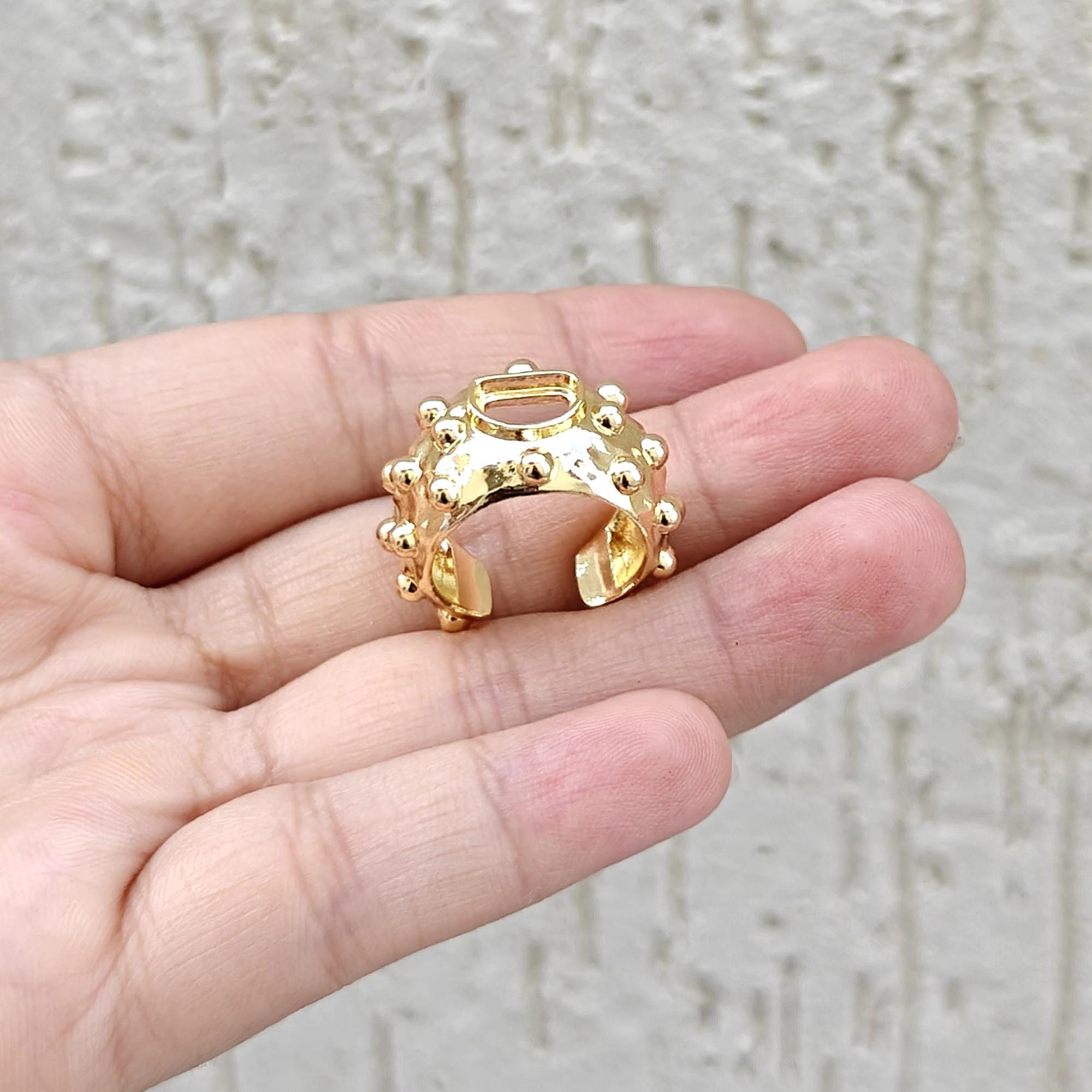 D Shape Gold Plated Adjustable Ring, Brass Metal